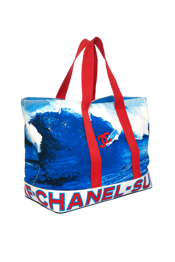 Chanel Red and Blue Surfing CC Wave Tote 2002 XL - Foxy Couture Carmel