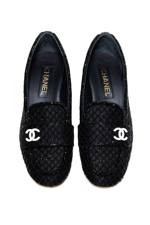 Chanel Rare Black and White Beaded Quilt Pattern Loafers