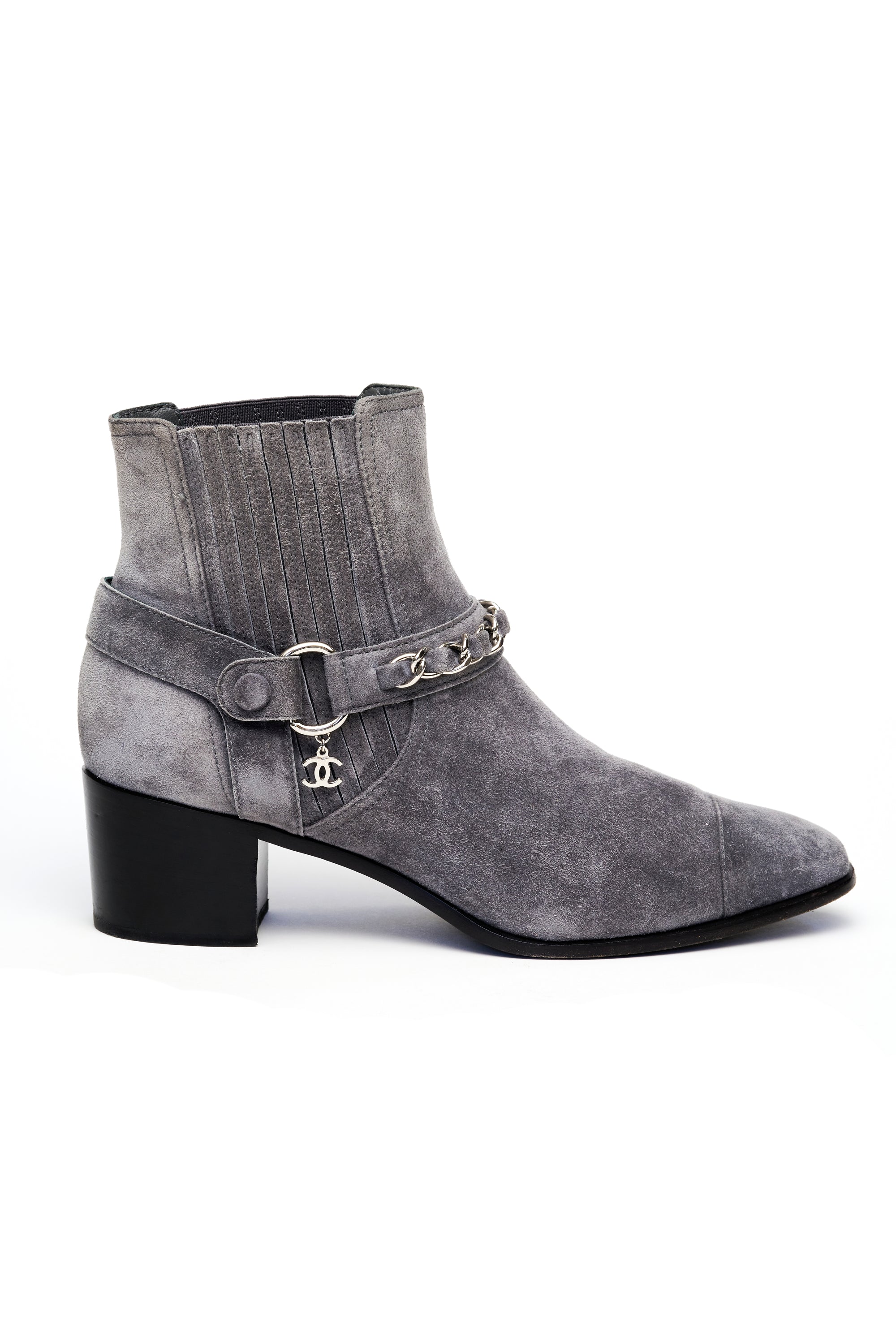 Chanel Gray Suede Moto Booties CC Chain Foxy Couture Carmel