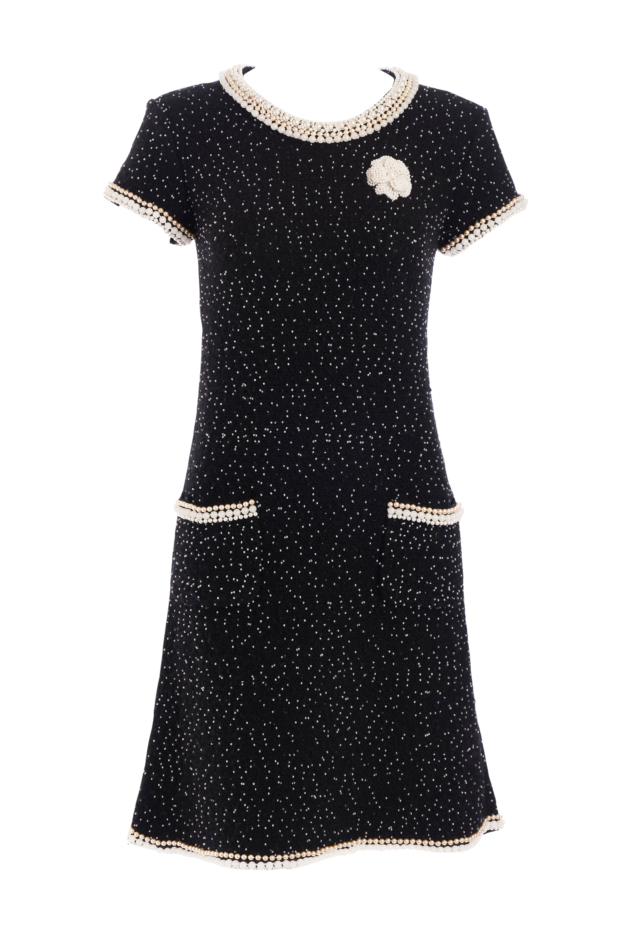 Chanel Black Camelia and Pearl Sleeveless Dress Size 36 – Foxy Couture  Carmel