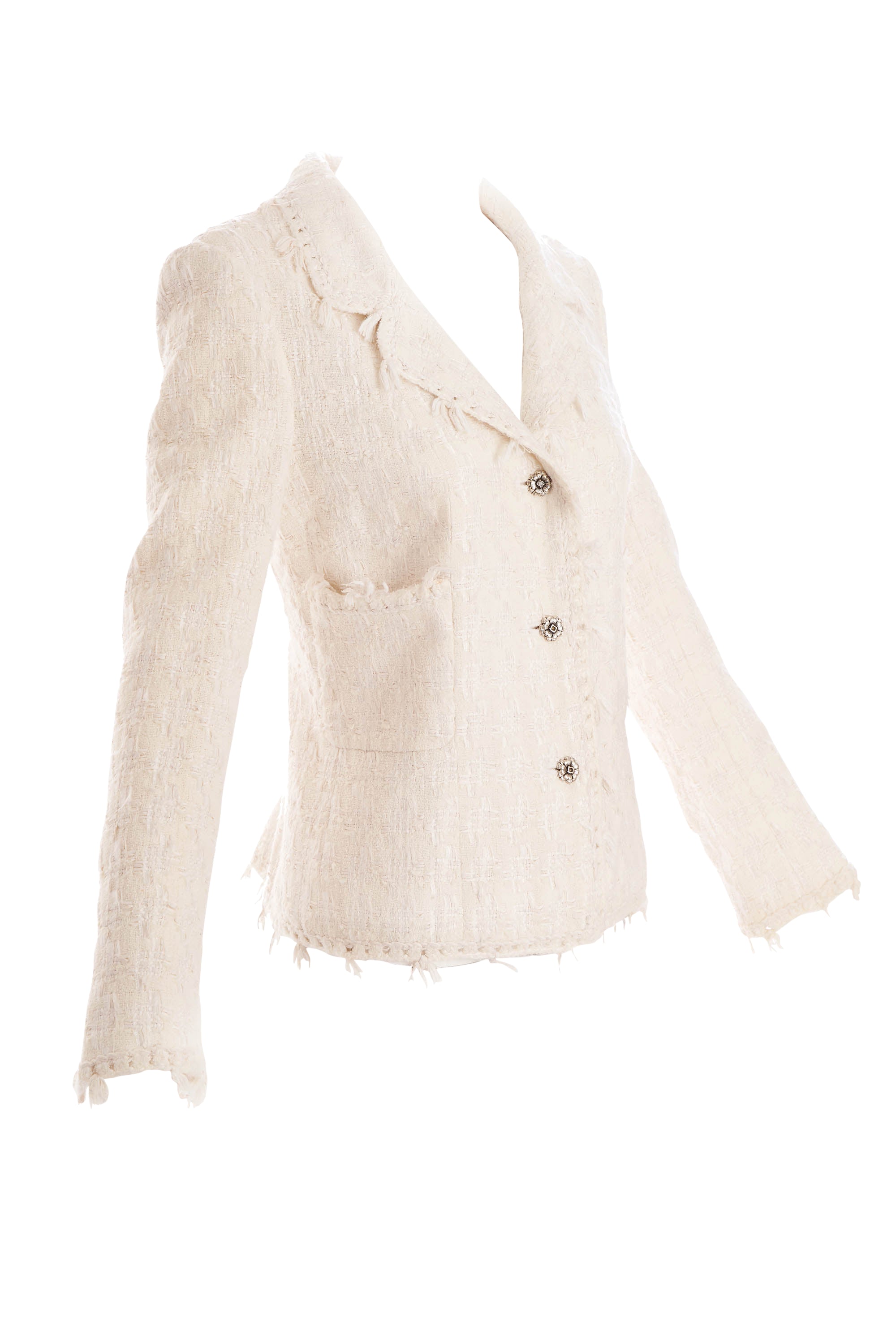 Chanel White Fantasy Tweed Jacket Silver CC Buttons 2005C Size 42