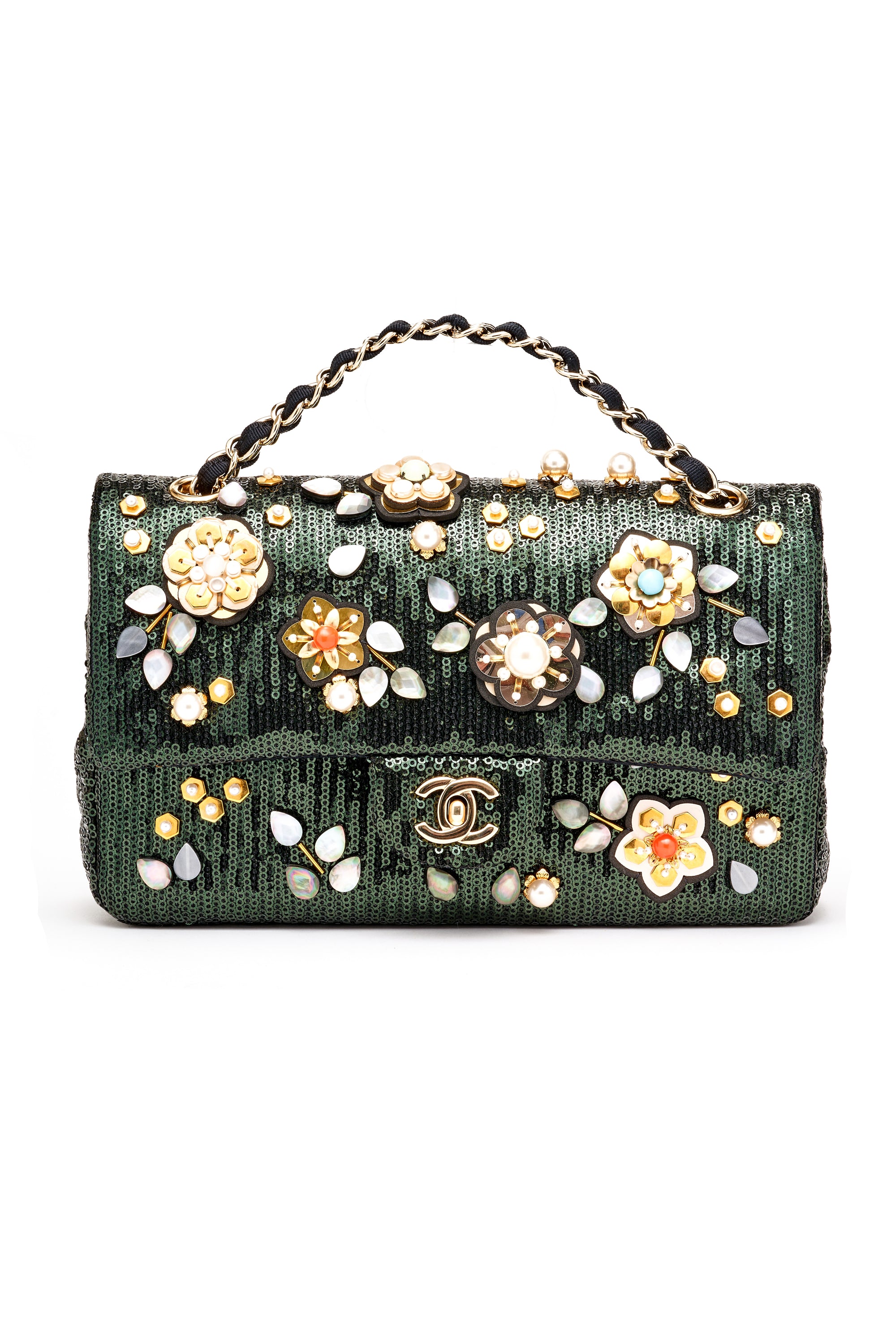 Chanel Preowned Green Flower Sequins Double Flap 2016C