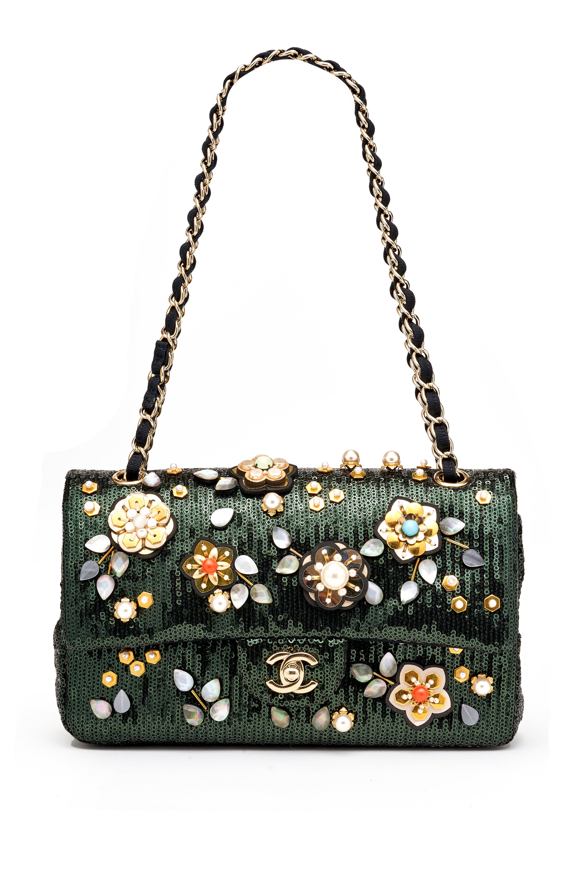 Chanel Preowned Green Flower Sequins Double Flap 2016C