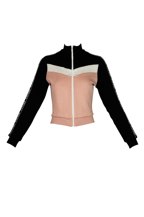 Miu Miu Pink Black White Tech Jersey Zip Jacket Logo Sleeves