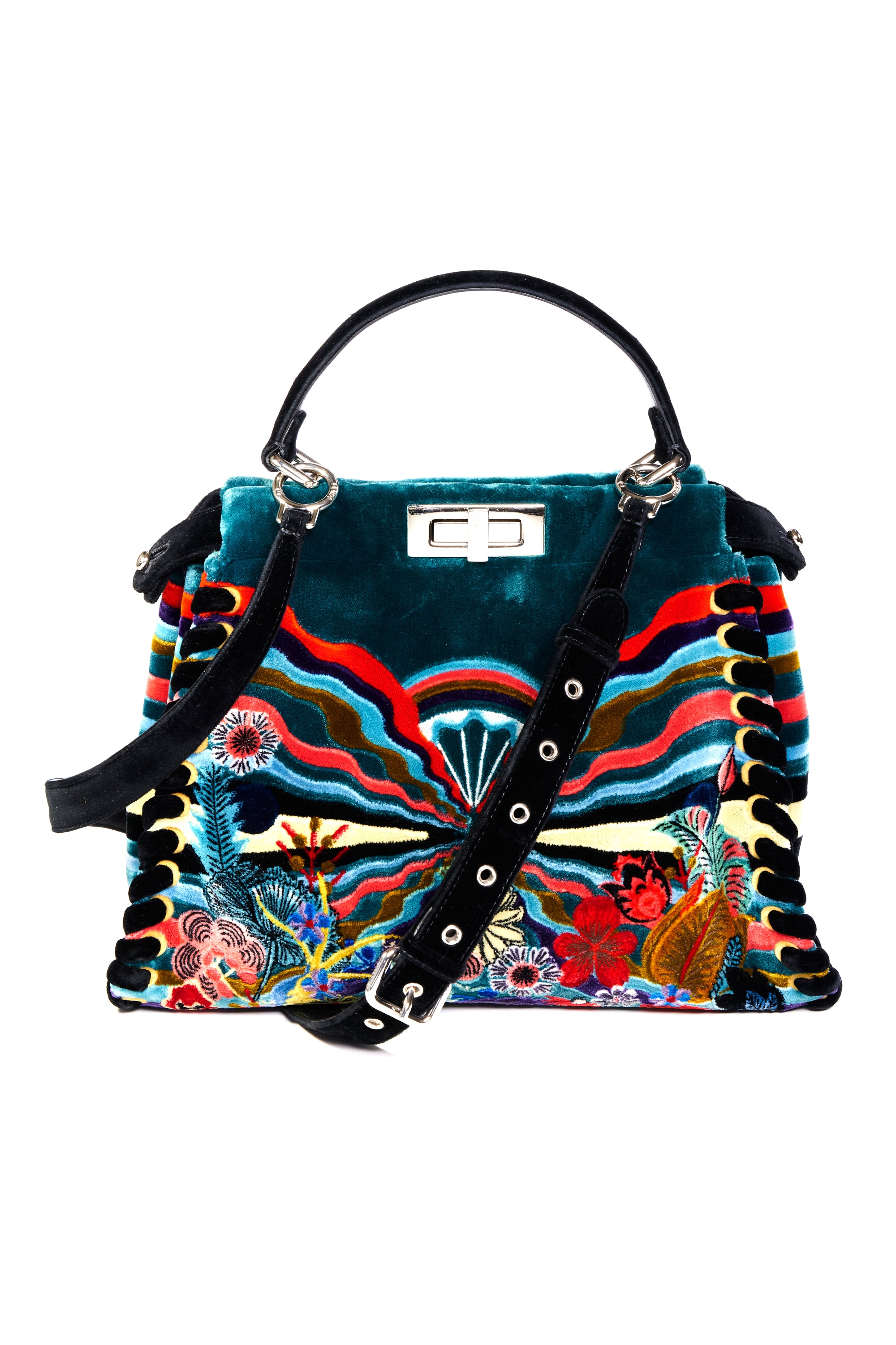 Fendi Velvet Multicolor Patterned Peekaboo Purse Foxy Couture Carmel