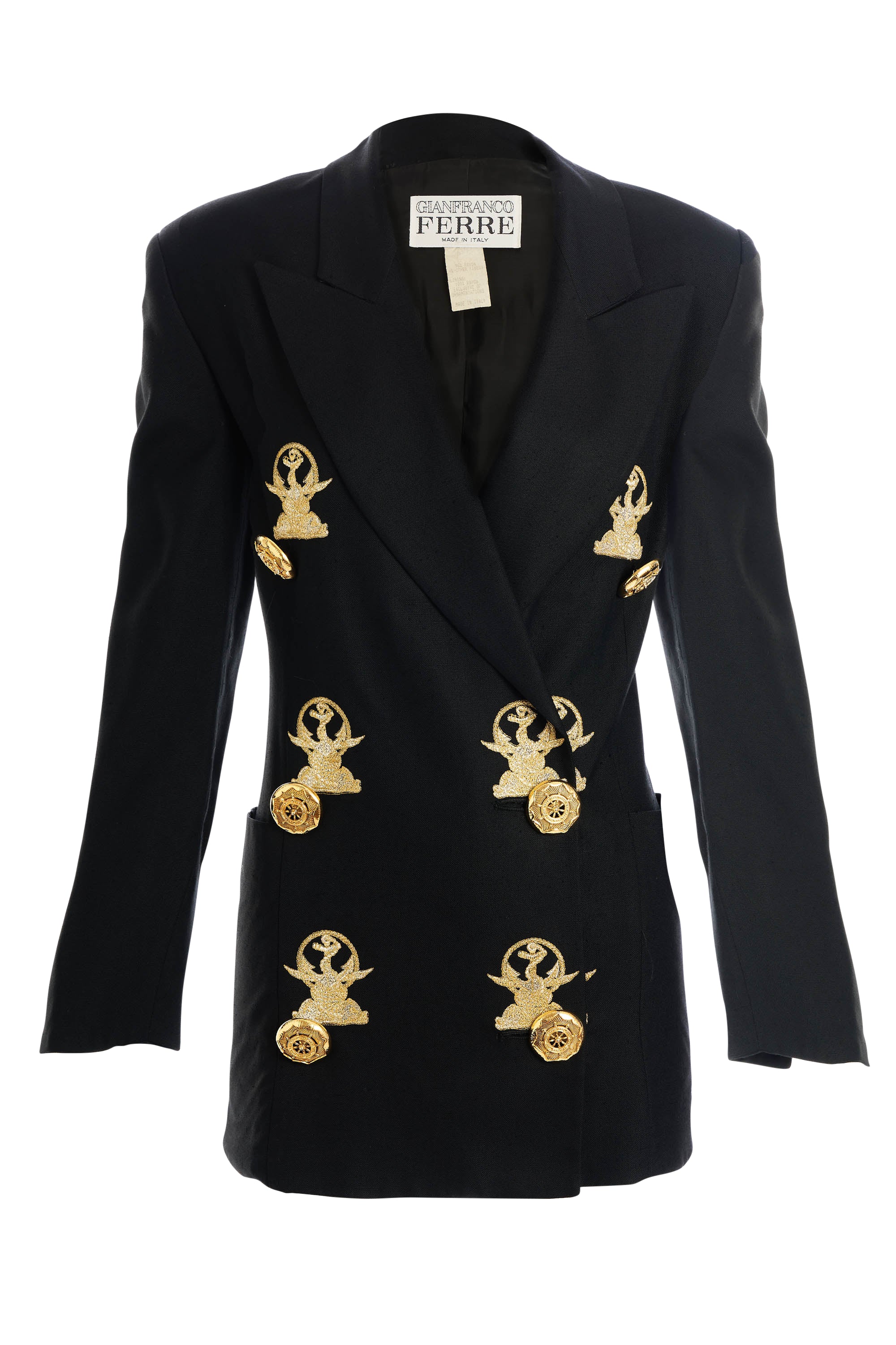 Gianfranco Ferre Black Jacket Gold Embroidery and Nautical Buttons Size 38