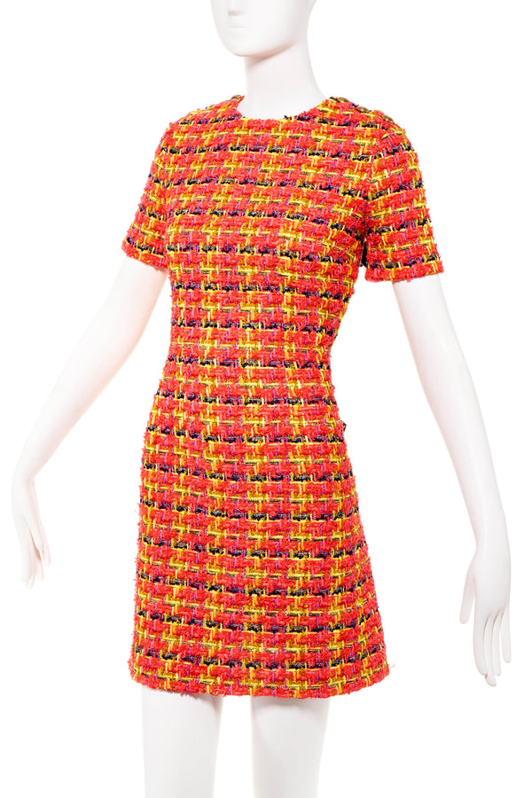Gucci Pink Neon Tweed Mini Dress Gold Buttons Size 42/6 - Foxy