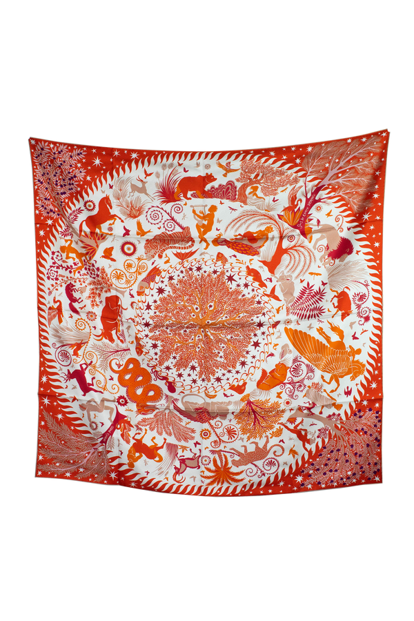 Hermes Orange and Red Le Charme Double Sided Print Silk Scarf 90cm