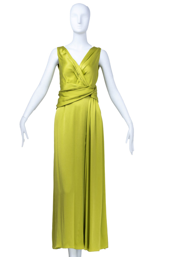 Christian Dior Galliano Chartreuse Hammered Silk Draped Gown f/w