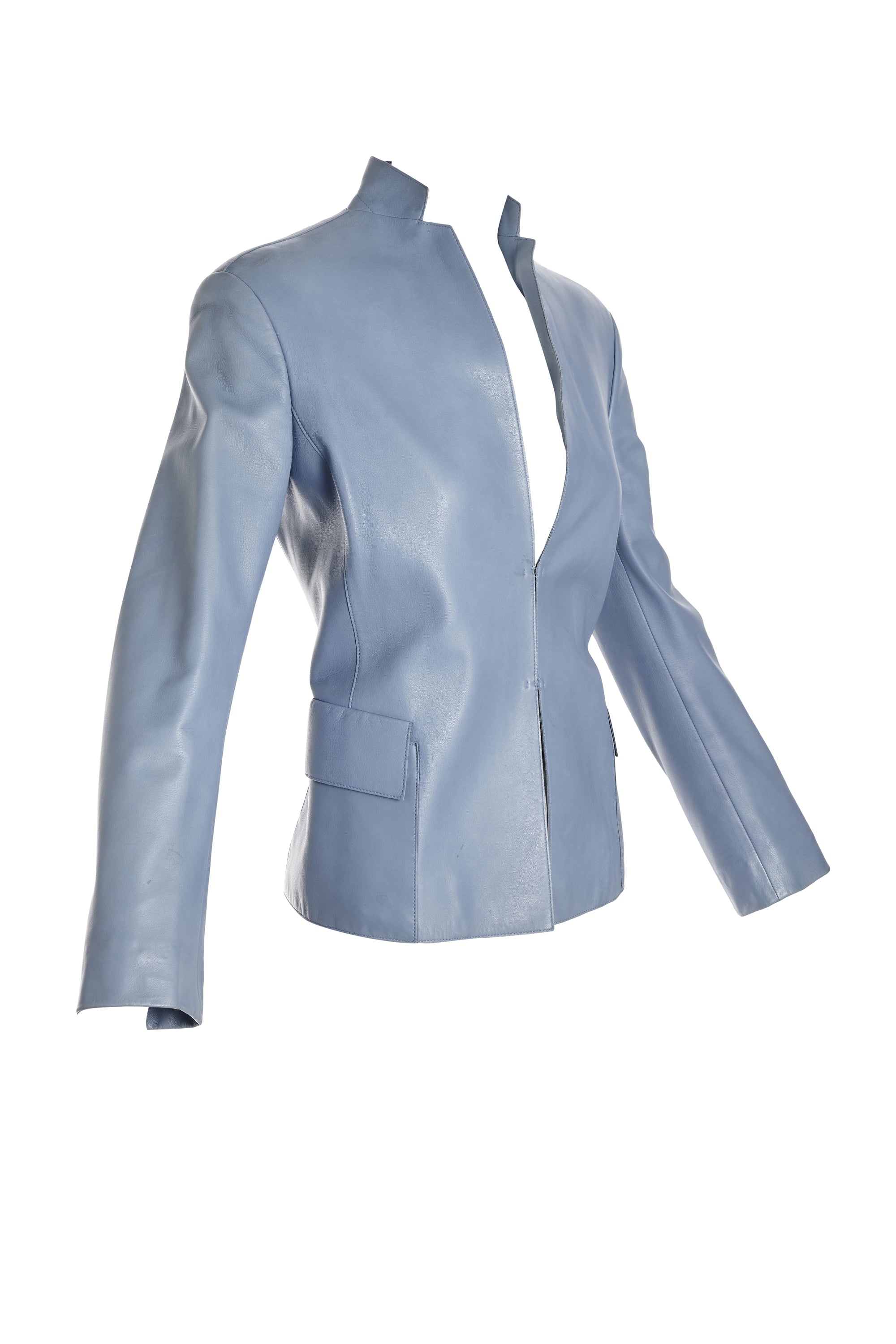 Akris Blue Leather Hook Front Jacket - Foxy Couture Carmel