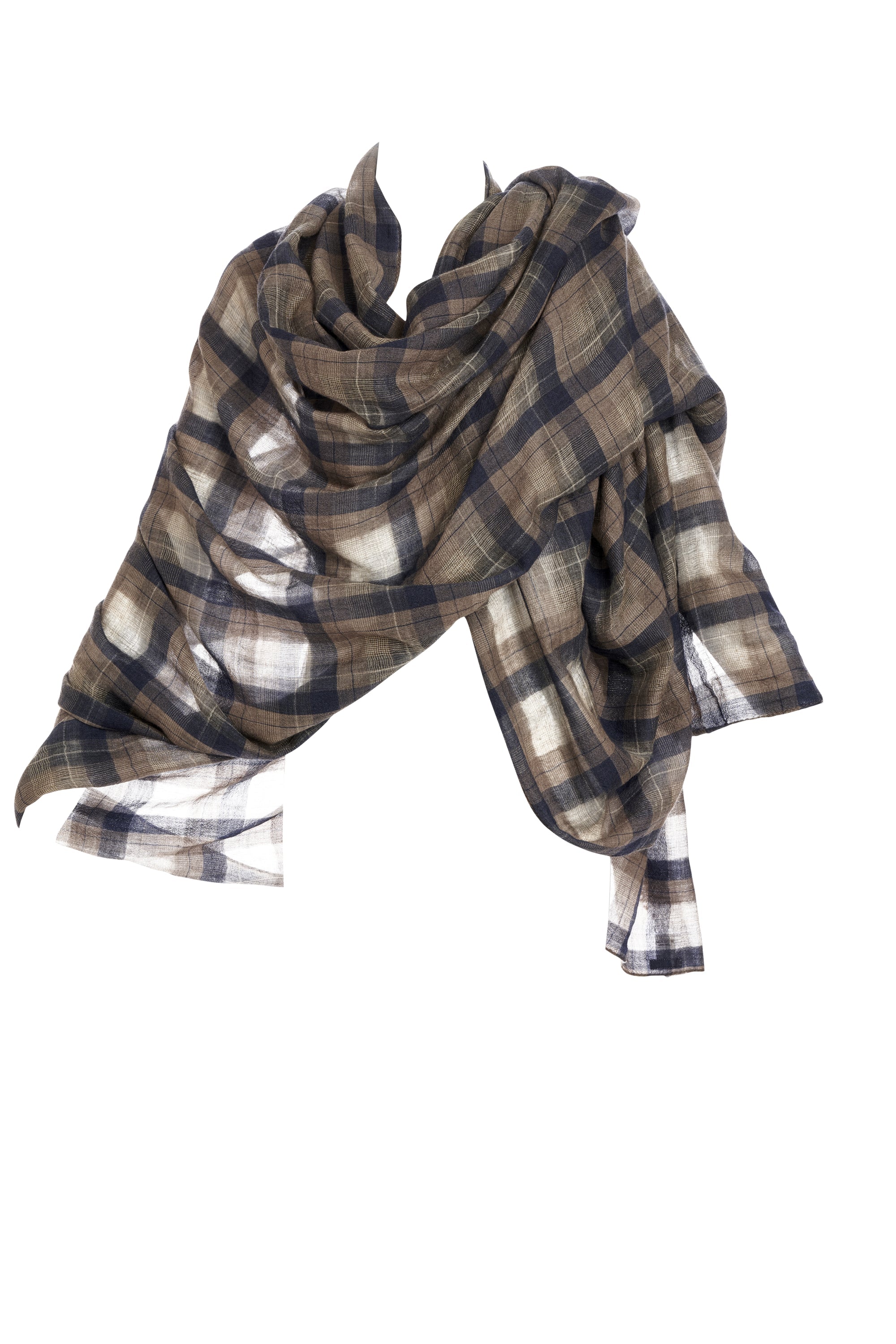 Brunello Cuccinelli Plaid Navy and Beige Cashmere Scarf - Foxy Couture Carmel