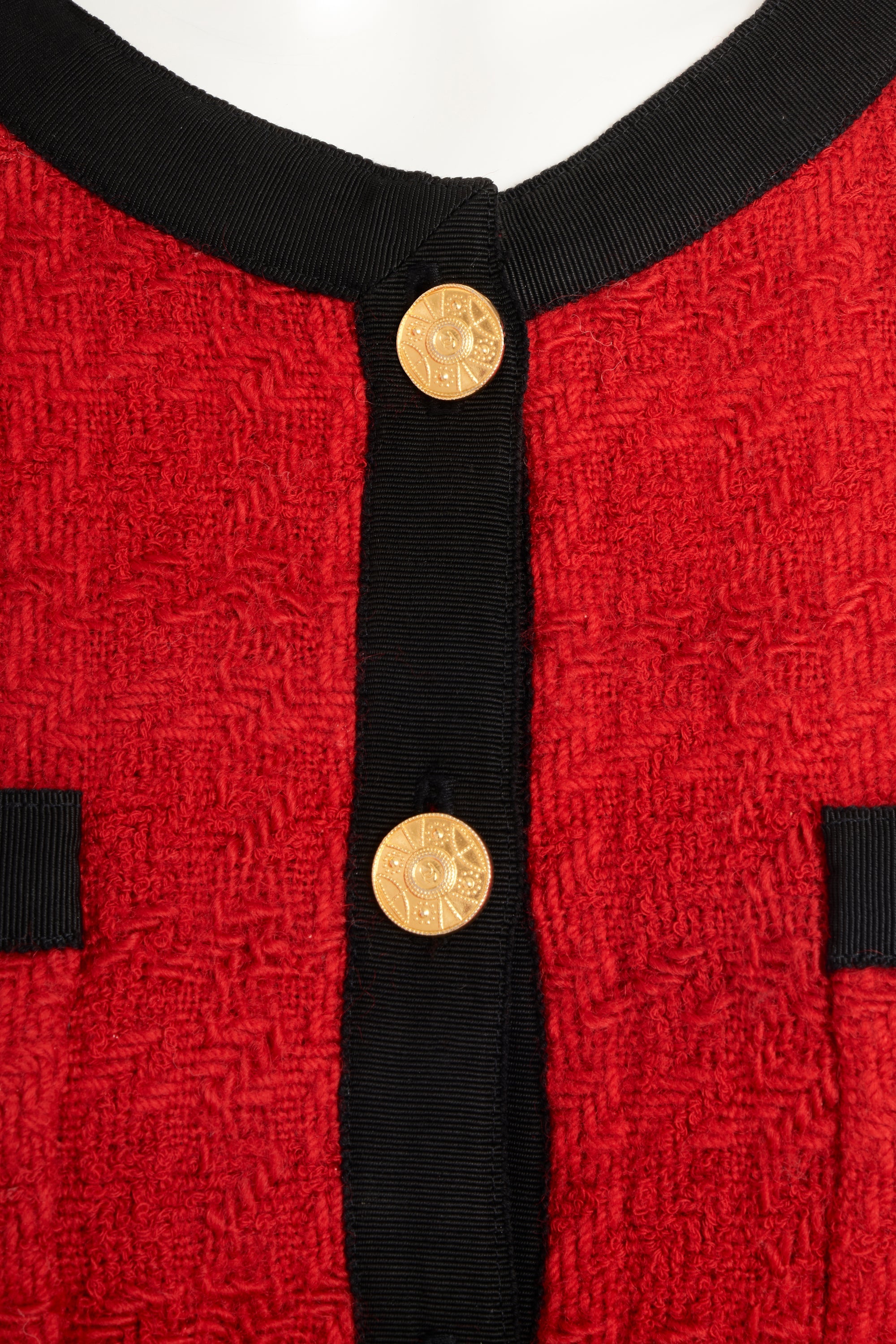 Chanel Red Boucle Jacket Black Faile Trim 24k Gold plated buttons
