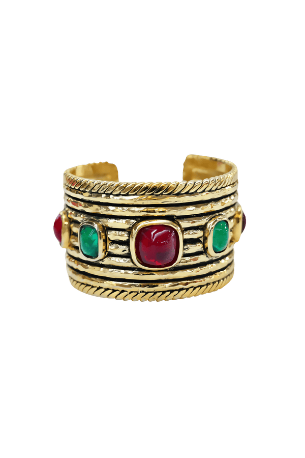 Chanel Vintage 1984 Gold Cuff w/Red & Green Gripoix Stones - Foxy