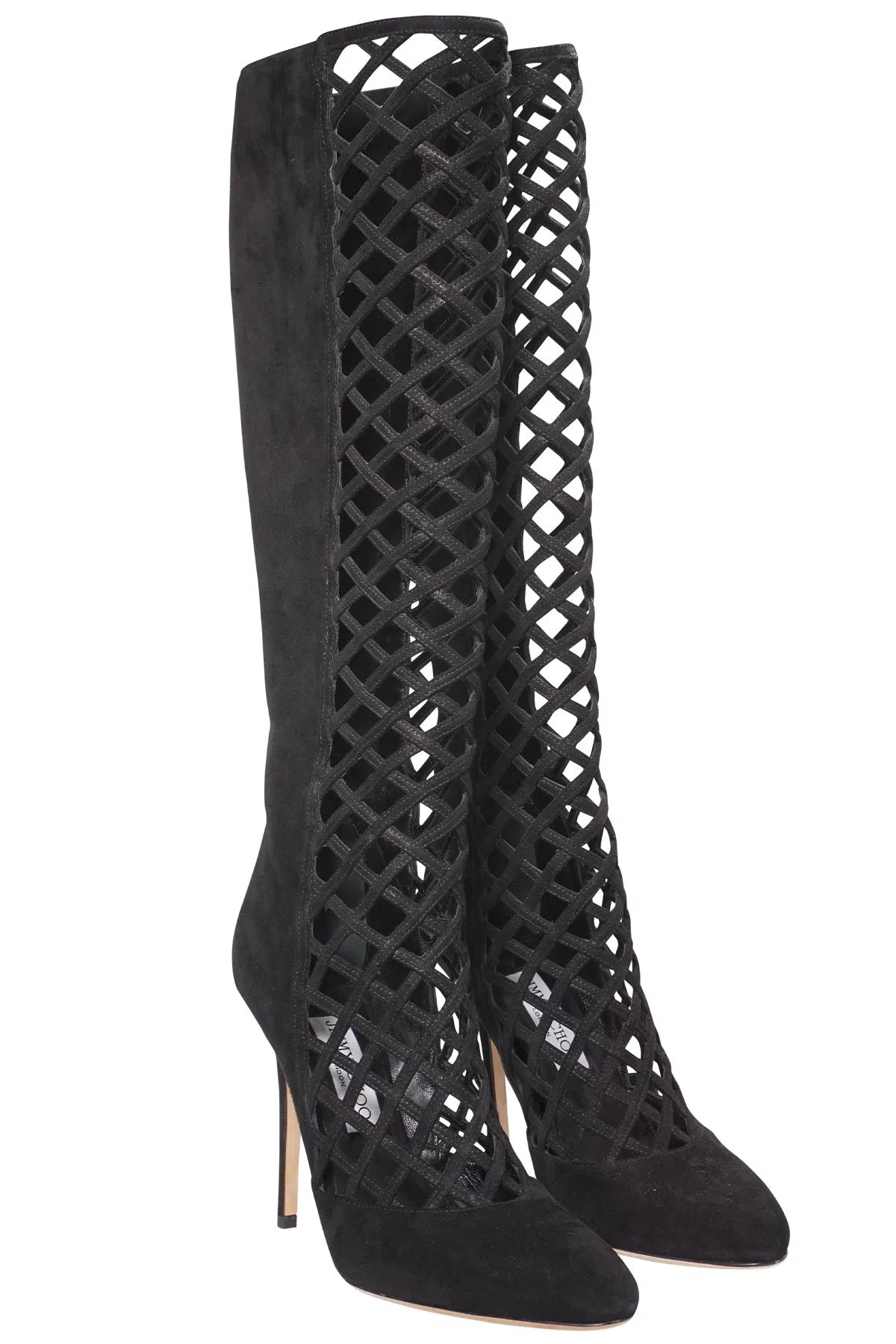 Jimmy Choo Black Suede Delta Lattice Knee Boots Size 38 - Foxy Couture Carmel