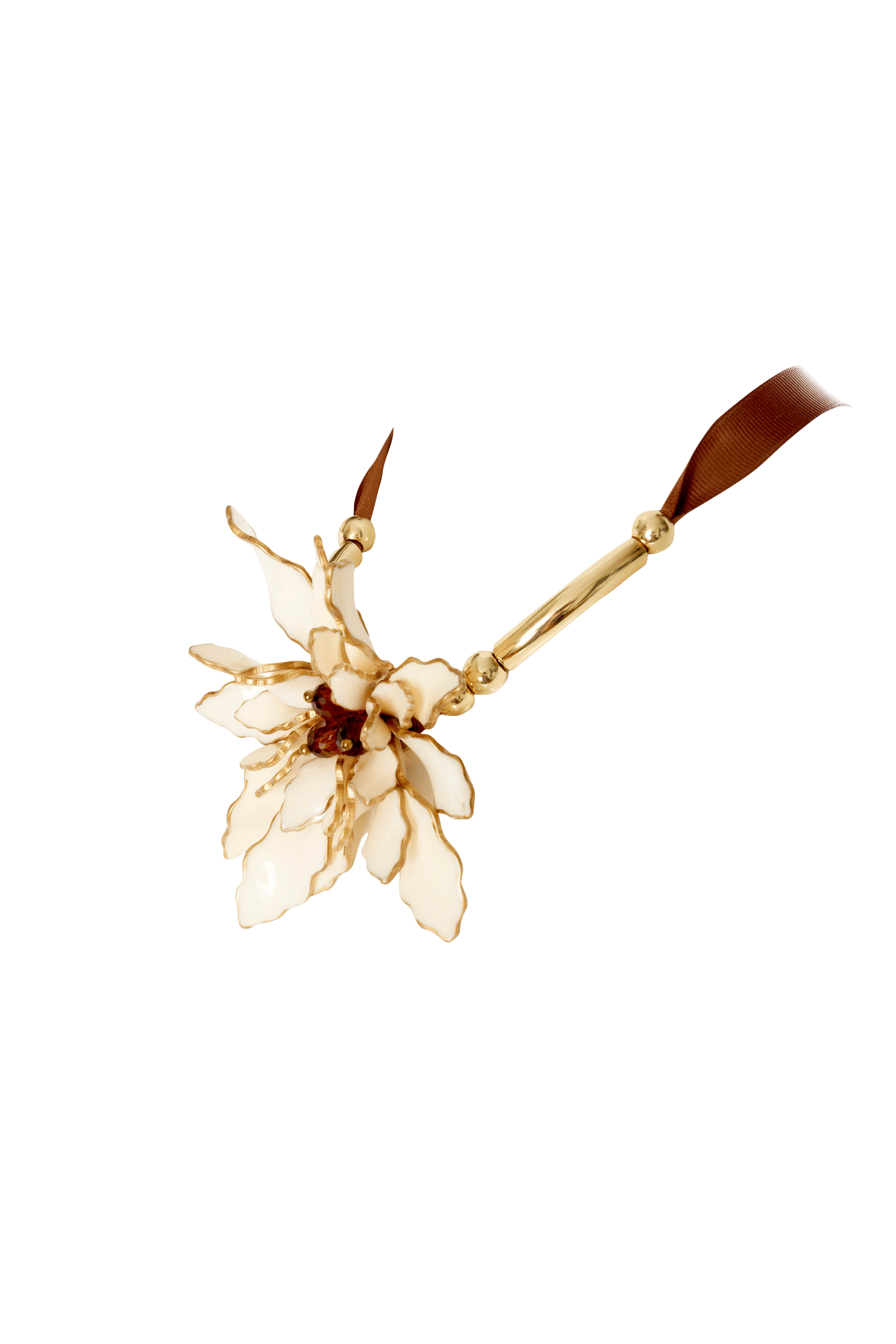 Marni Enamel Crystal Flower on Brown Ribbon Necklace