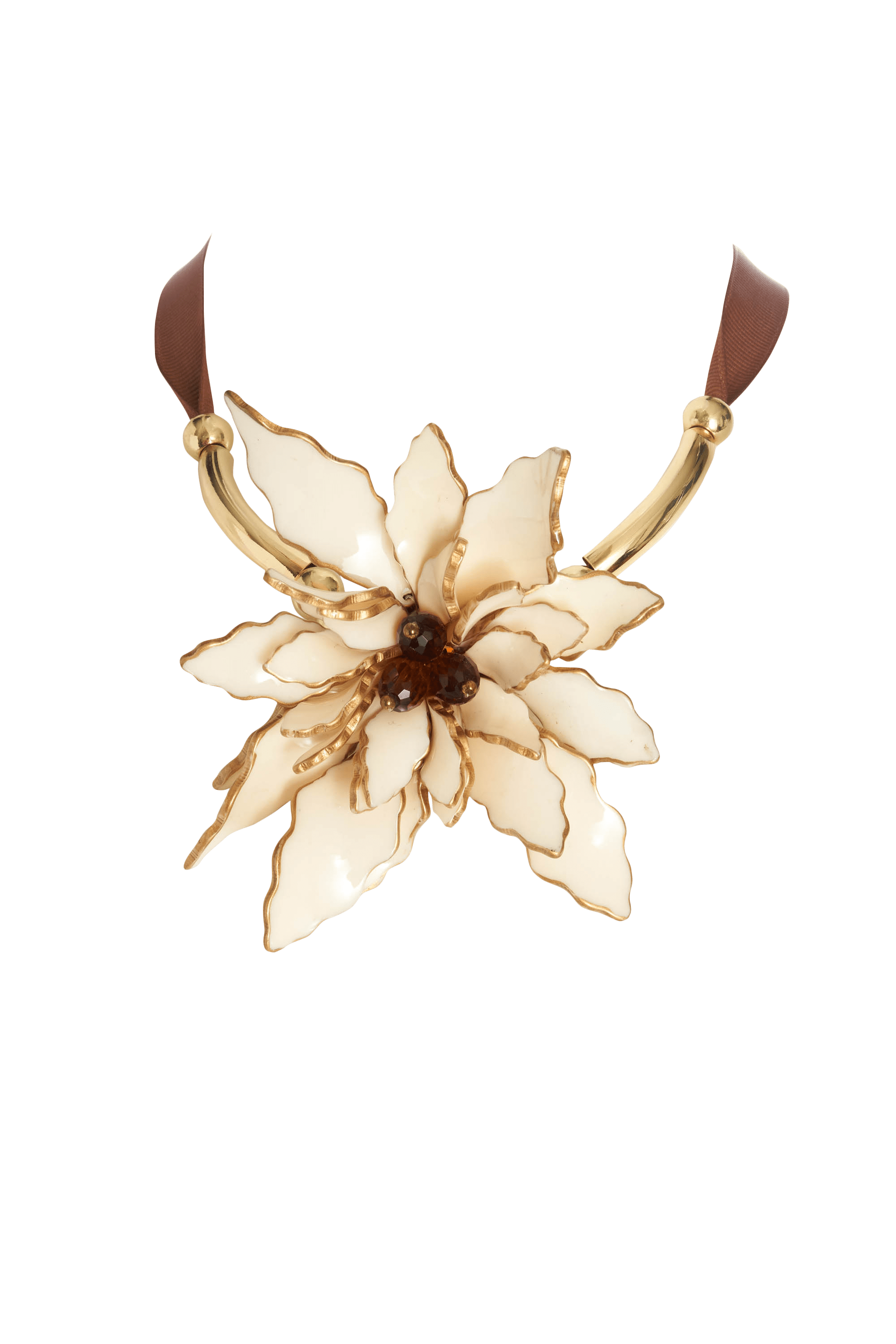 Marni Enamel Crystal Flower on Brown Ribbon Necklace - Foxy Couture Carmel