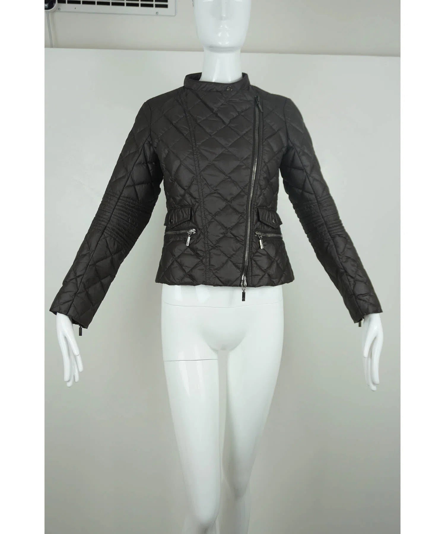 Moncler Chocolate Brown Quilted Down Moto Jacket sz Down quilted