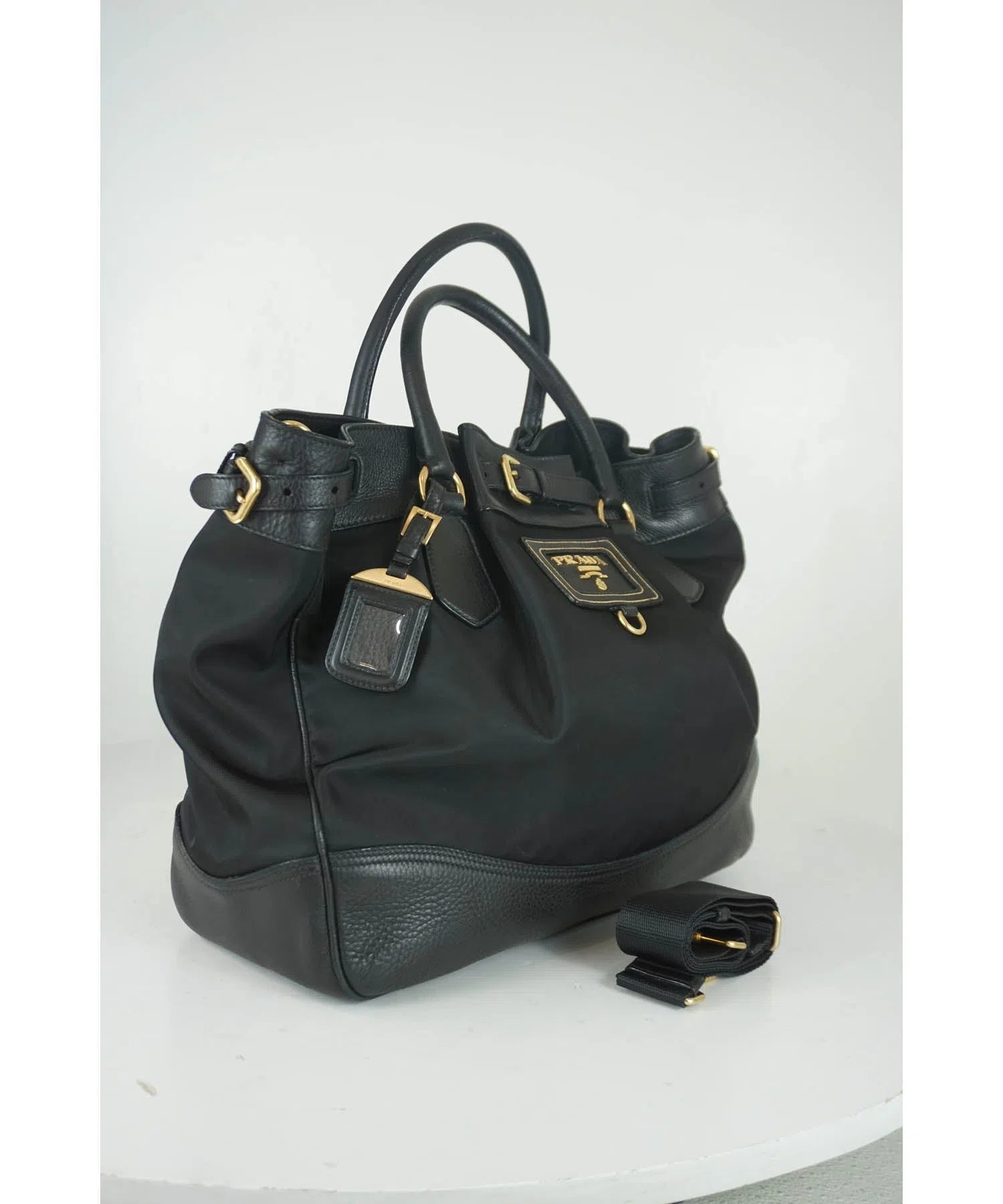 Prada Size Large Black Leather/Nylon GHW w/ Shoulder Strap Tote