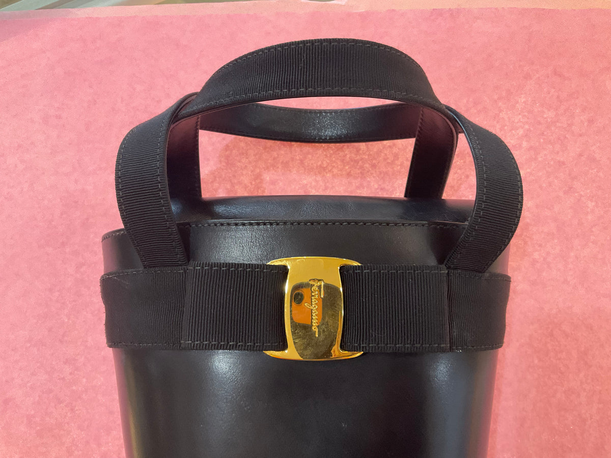 For Julia: Ferragamo Small Black Bucket Purse Grosgrain Bow GHW