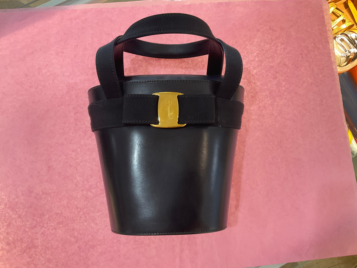 For Julia: Ferragamo Small Black Bucket Purse Grosgrain Bow GHW