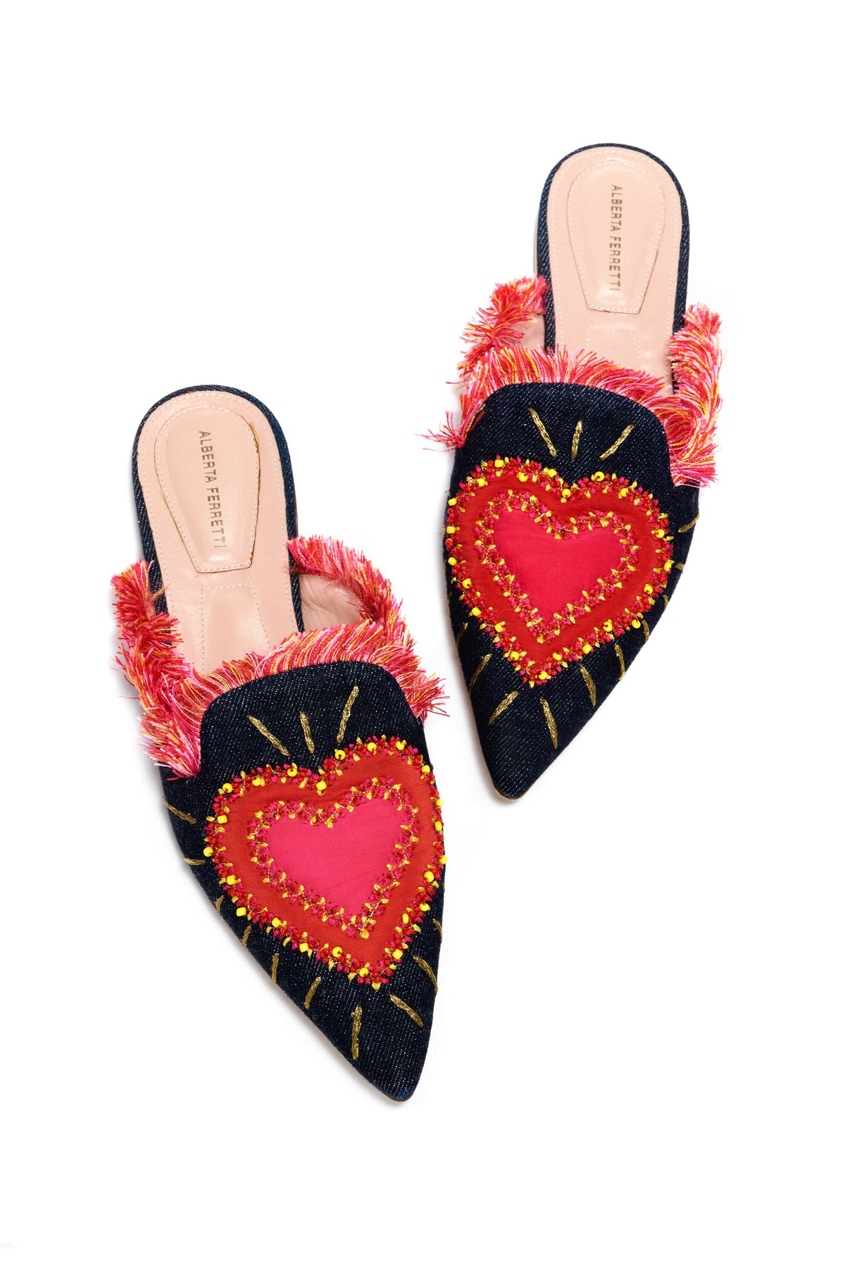 Alberta Ferretti Dark Blue Denim Slides With Sewn Heart Size 36