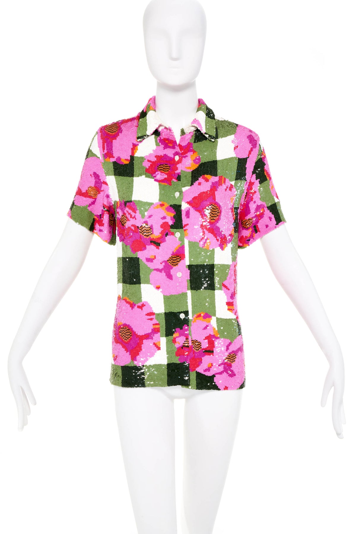 Ashish Pink and Green Floral Sequin Pattern Button Shirt Size Small