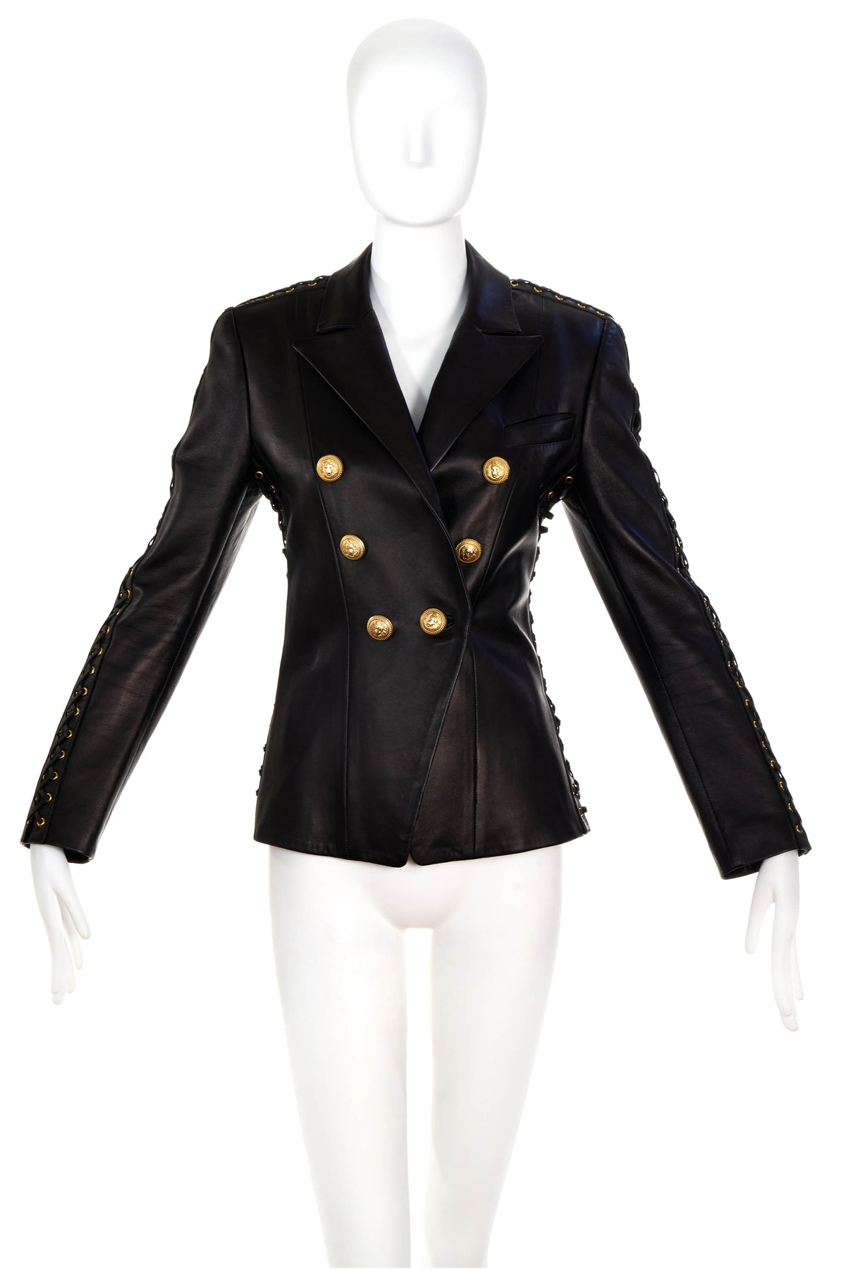 Balmain Black Leather Corset Lace Jacket Size 38