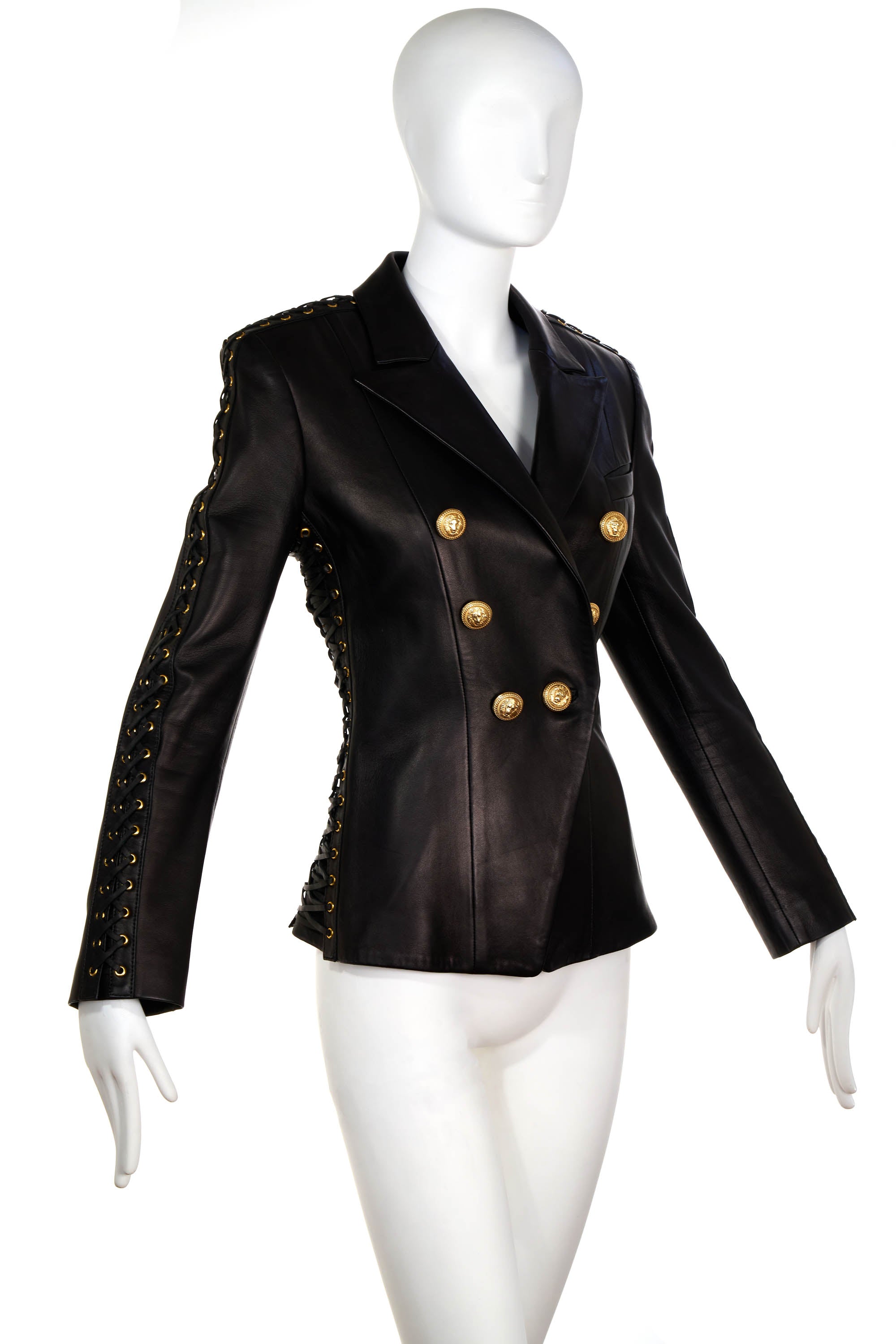 Balmain Black Leather Corset Lace Jacket Size 38