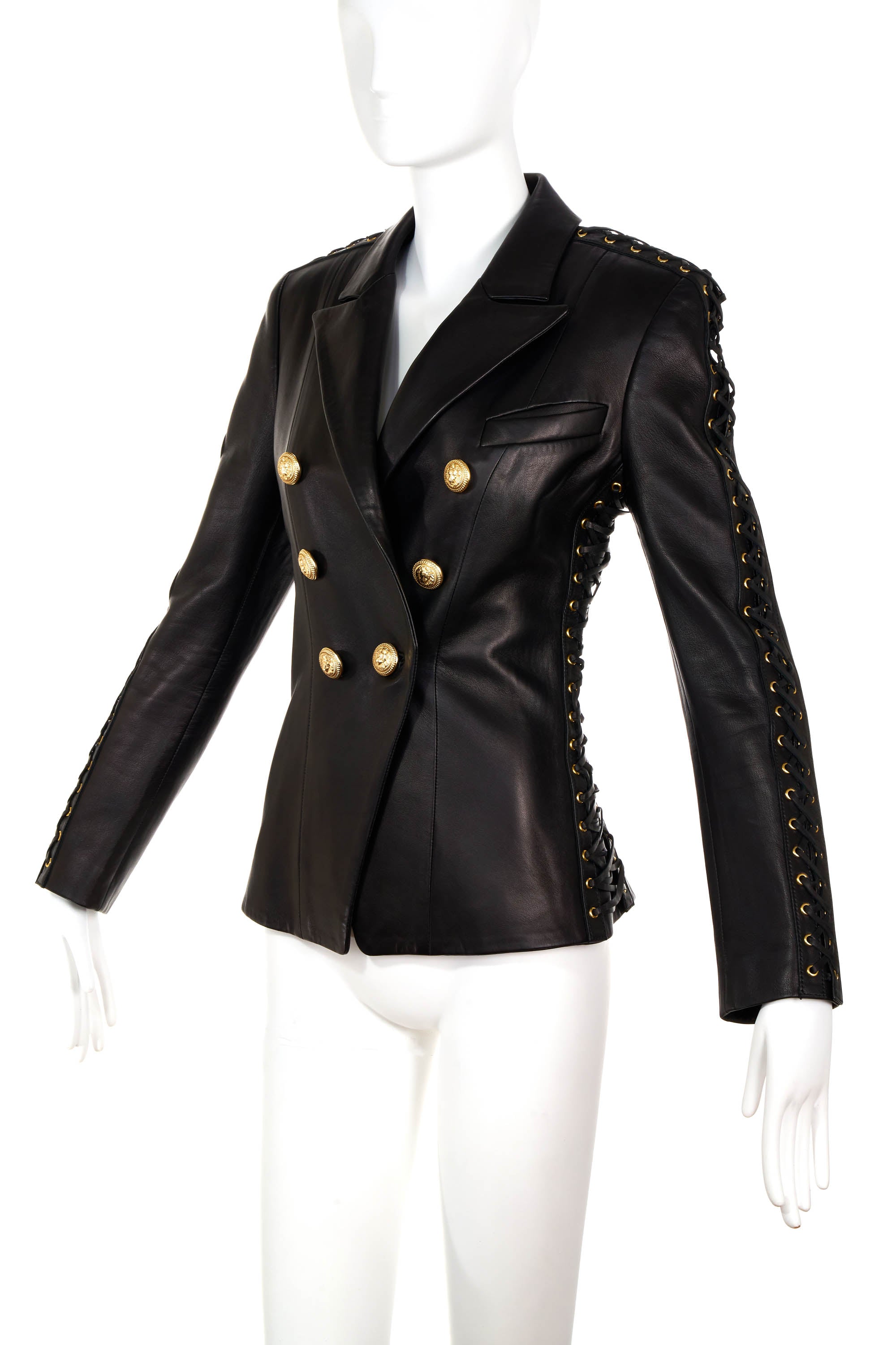 Balmain Black Leather Corset Lace Jacket Size 38