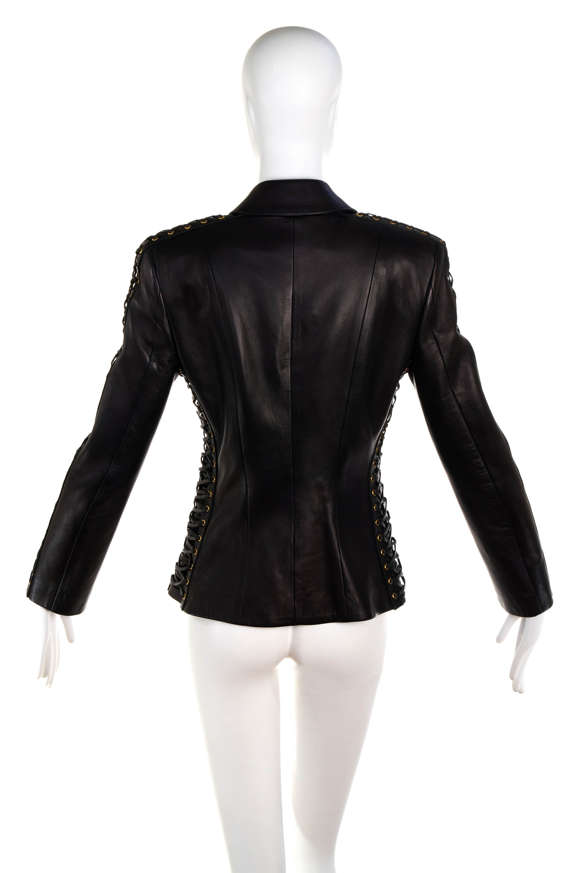 Balmain Black Leather Corset Lace Jacket Size 38