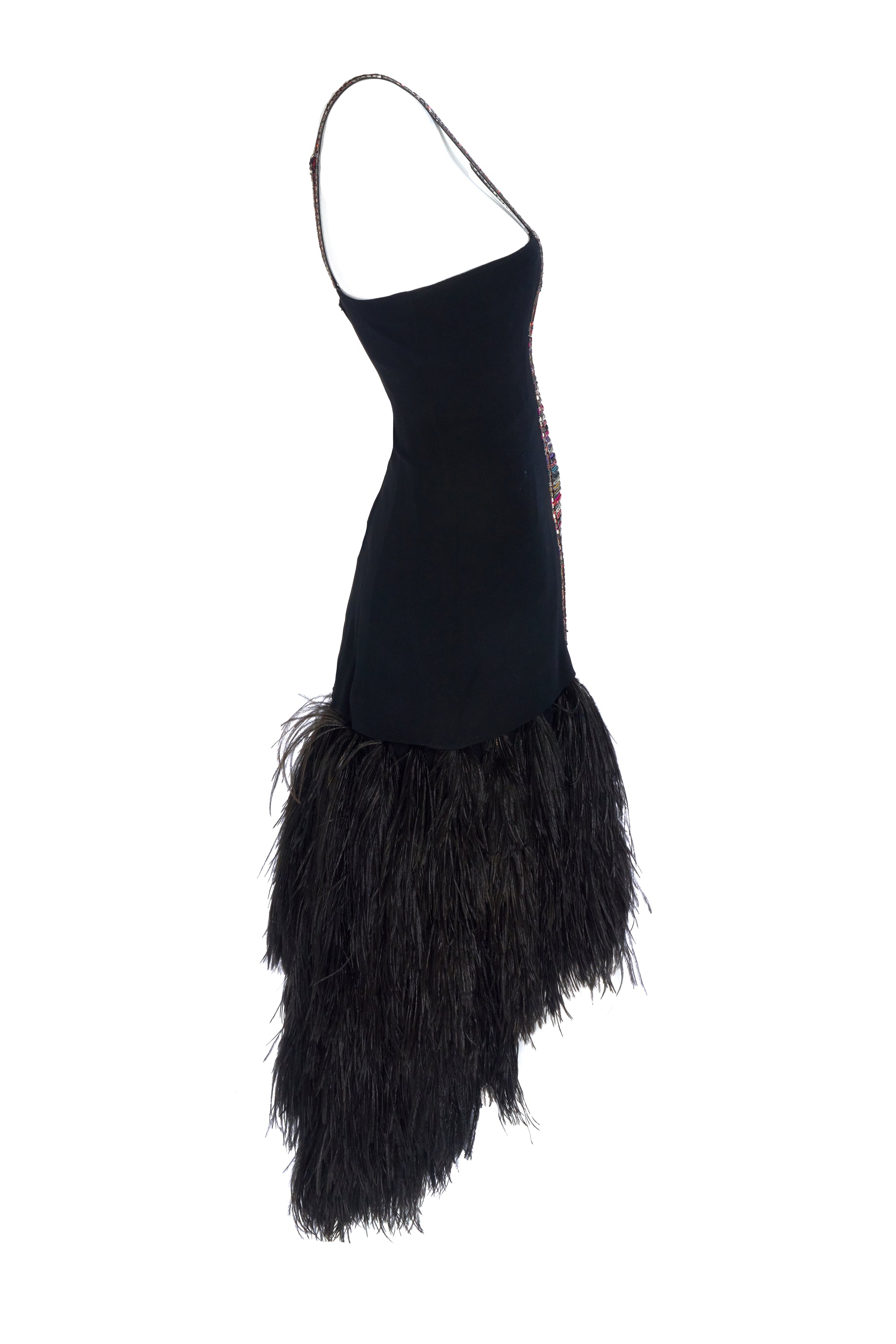 Bob Mackie Vintage Black Beaded Ostrich Feather Sleeveless Gown 1970's