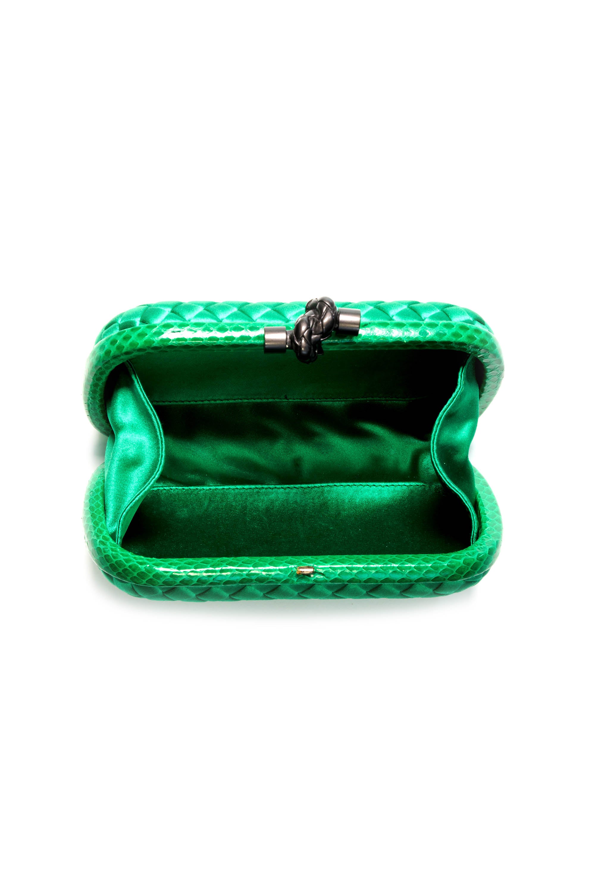 Bottega Veneta Emerald Green Intrecciato Satin Knotted Minaudiere