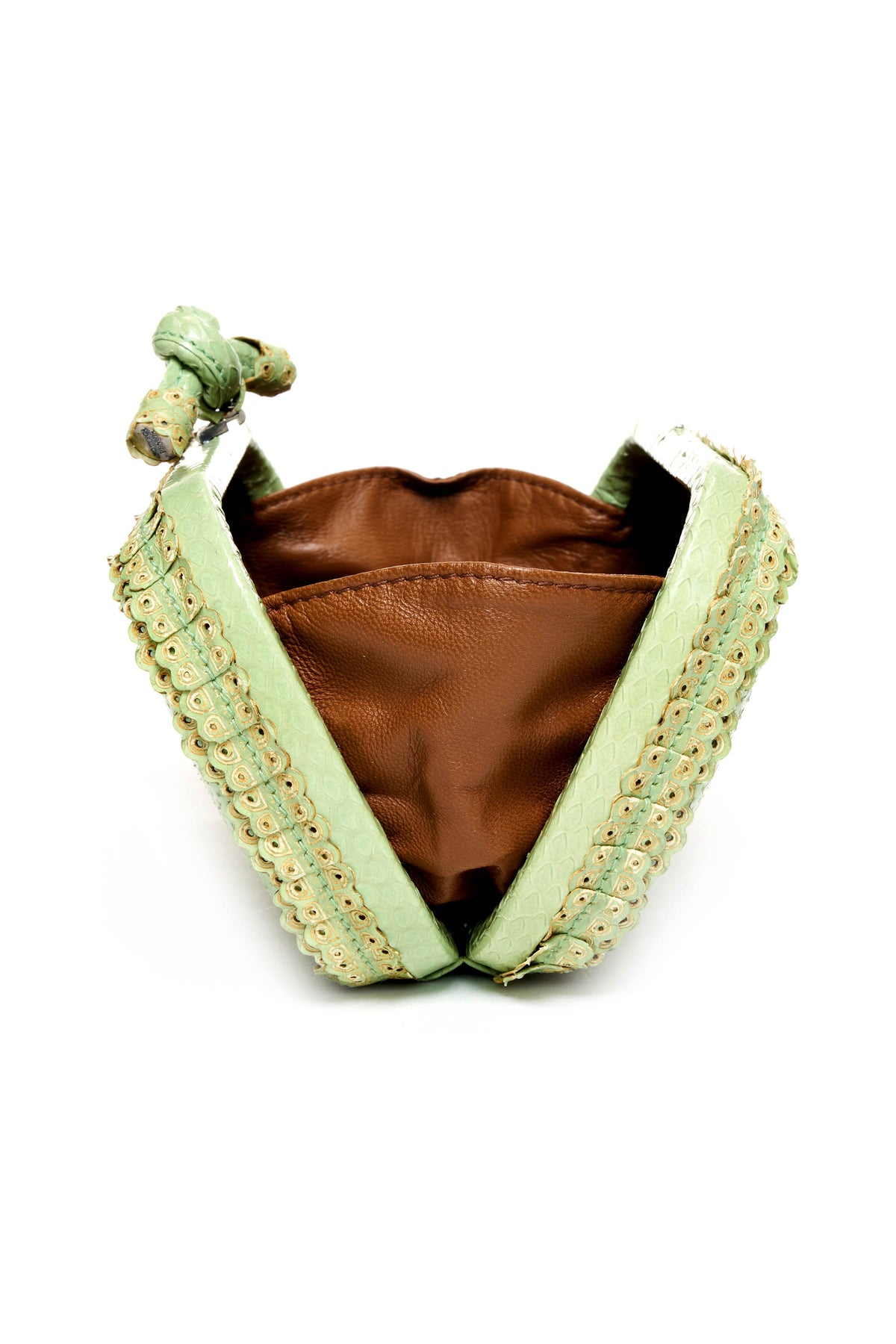 Bottega Veneta Soft Green Snake Skin Knotted Clasp Minaudiere Clutch