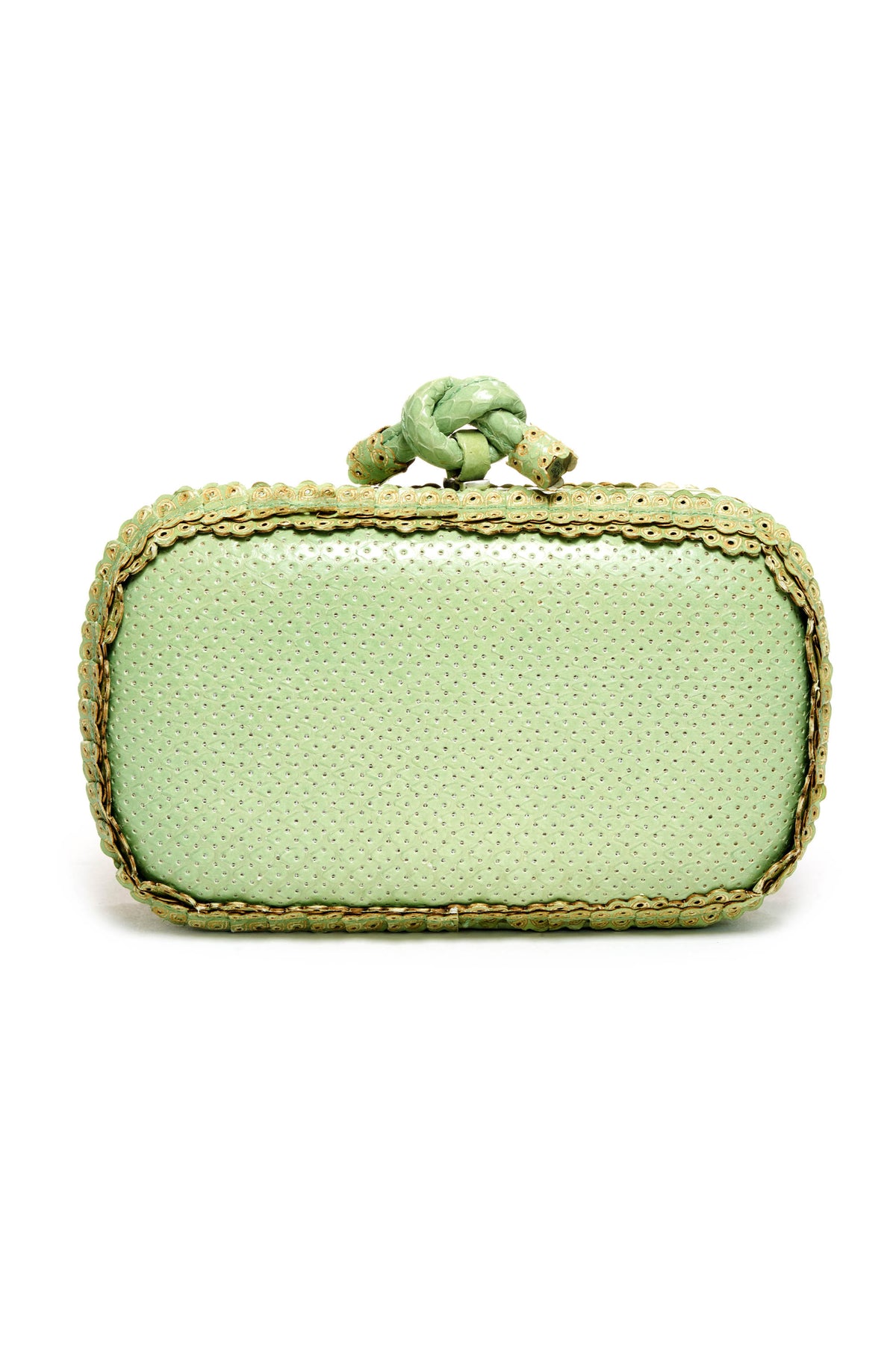 Bottega Veneta Soft Green Snake Skin Knotted Clasp Minaudiere Clutch