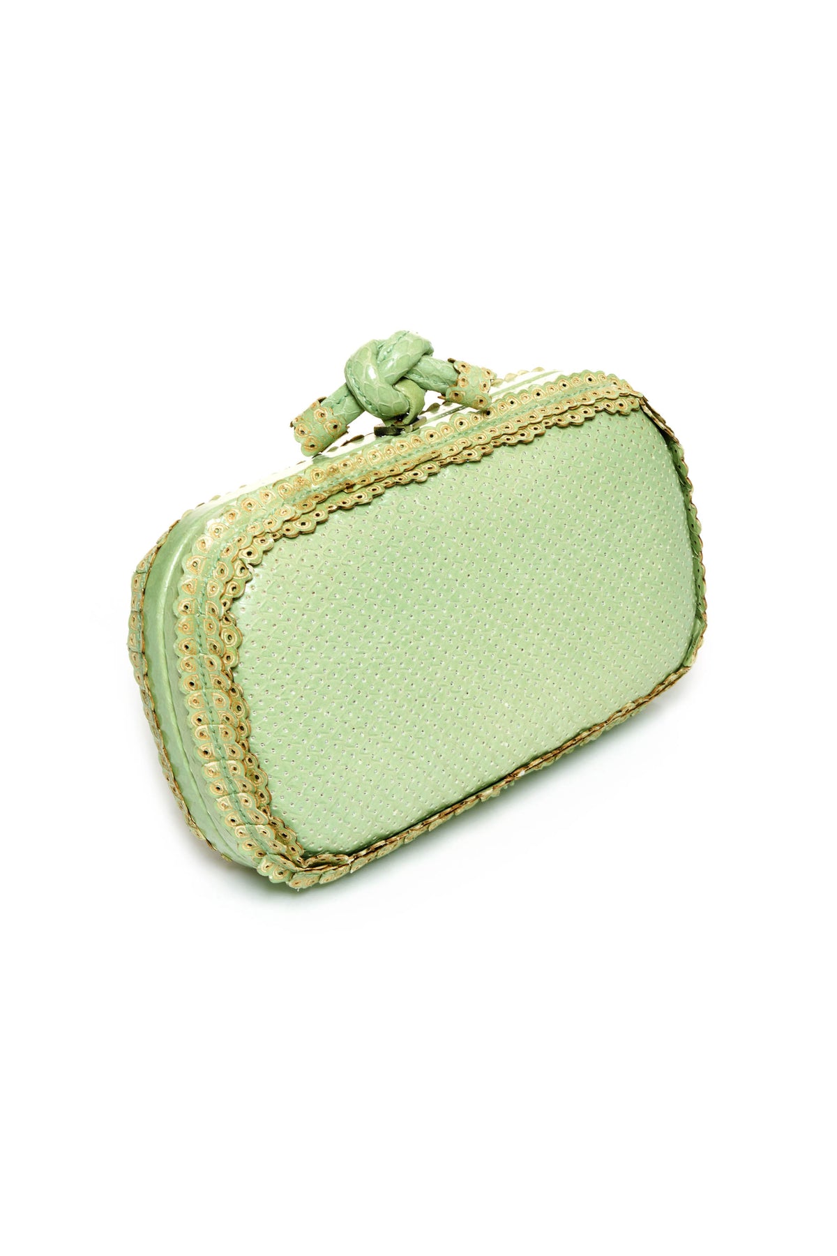 Bottega Veneta Soft Green Snake Skin Knotted Clasp Minaudiere Clutch