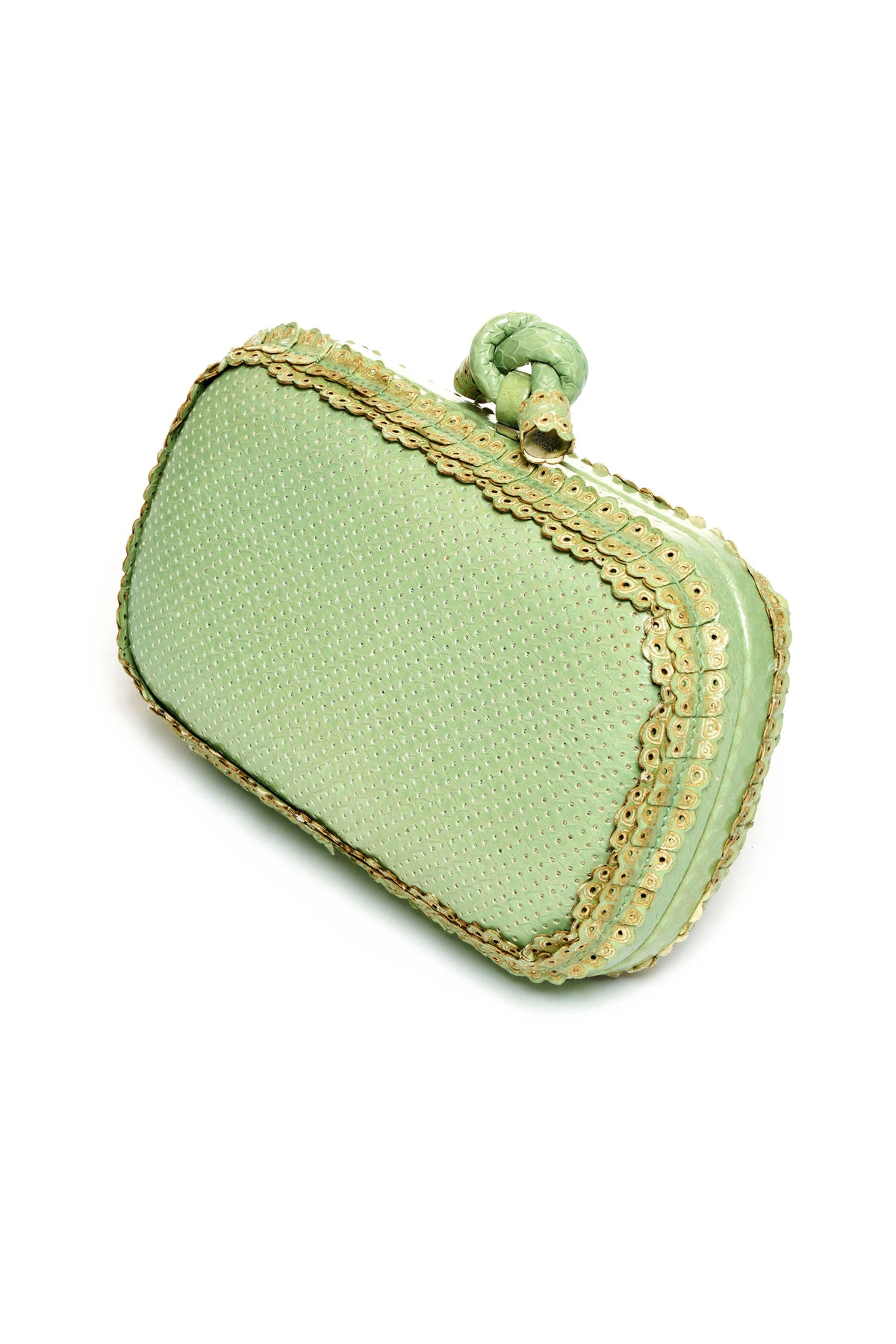 Bottega Veneta Soft Green Snake Skin Knotted Clasp Minaudiere Clutch