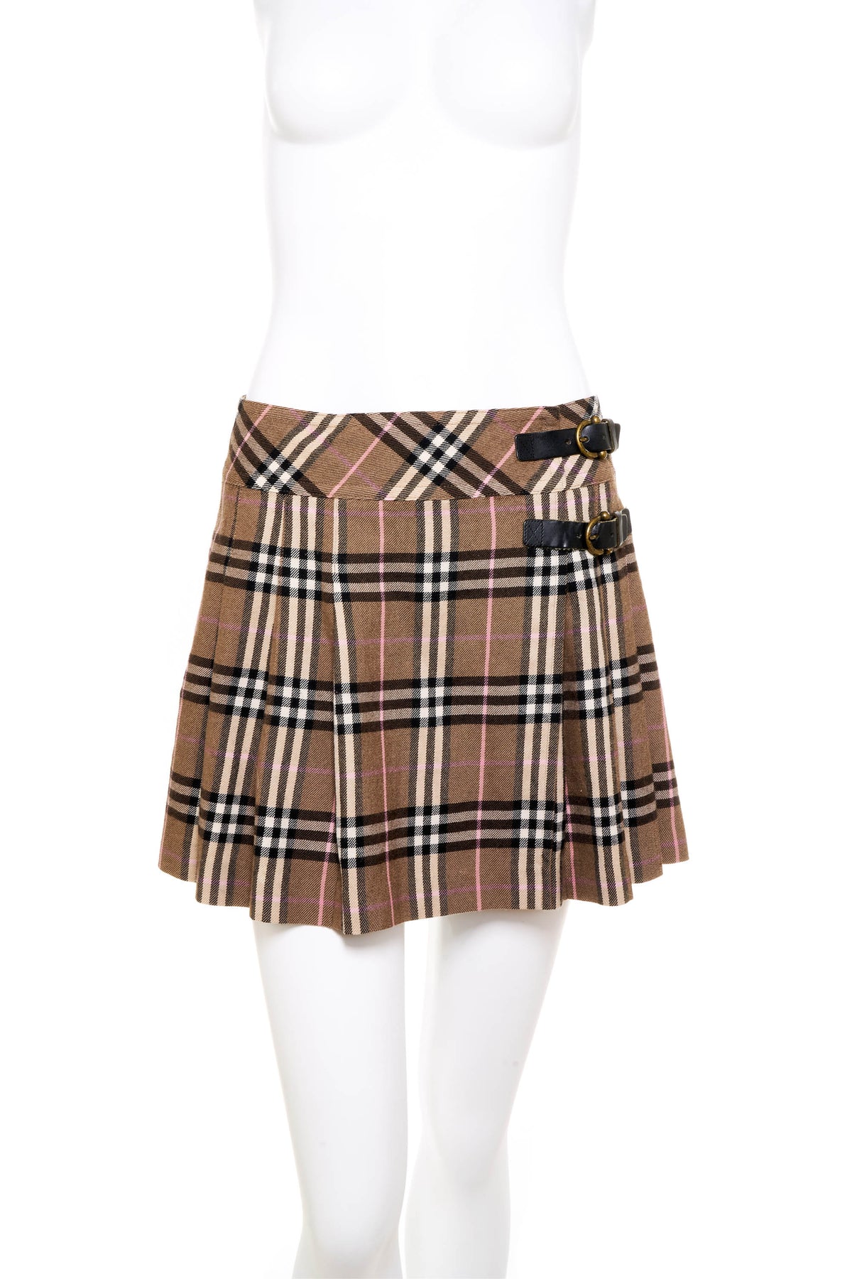 Burberry London Blue Label Taupe and Pink Belted Nova Check Mini Skirt Y2K