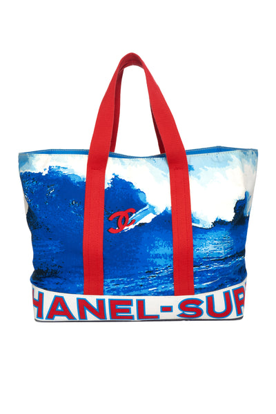 Chanel Red and Blue Surfing CC Wave Tote 2002 XL - Foxy Couture Carmel