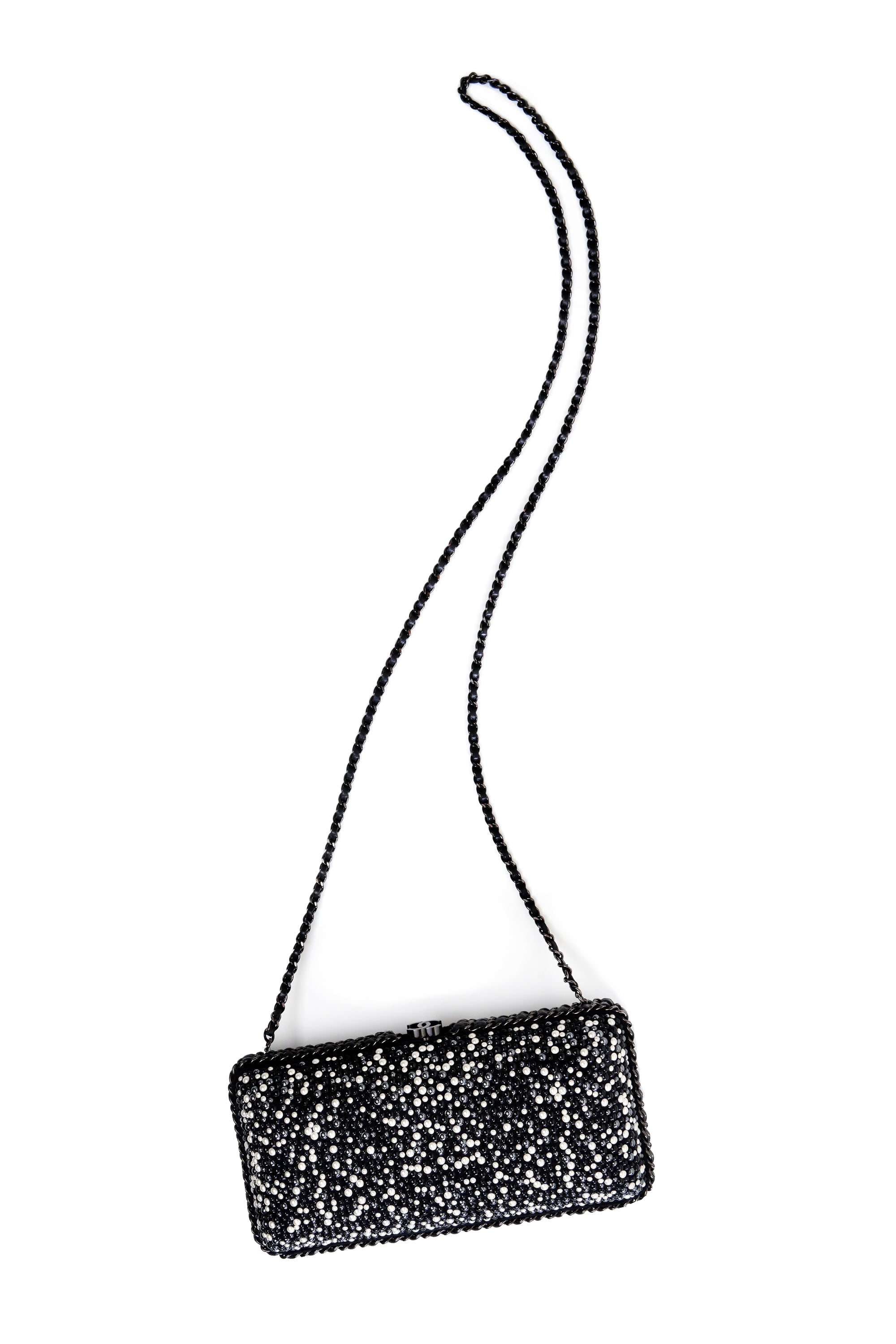 Chanel Black and White Pearl Encrusted Clutch With Black Chain 2014-15
