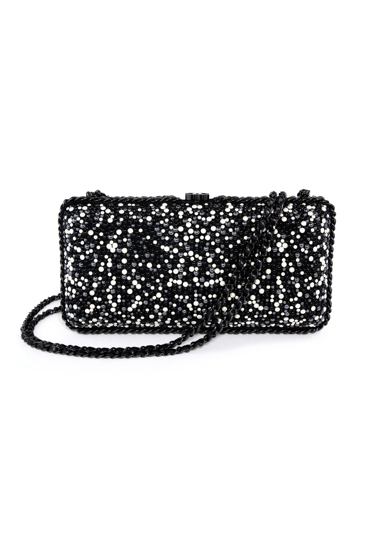 Chanel Black and White Pearl Encrusted Clutch With Black Chain 2014-15