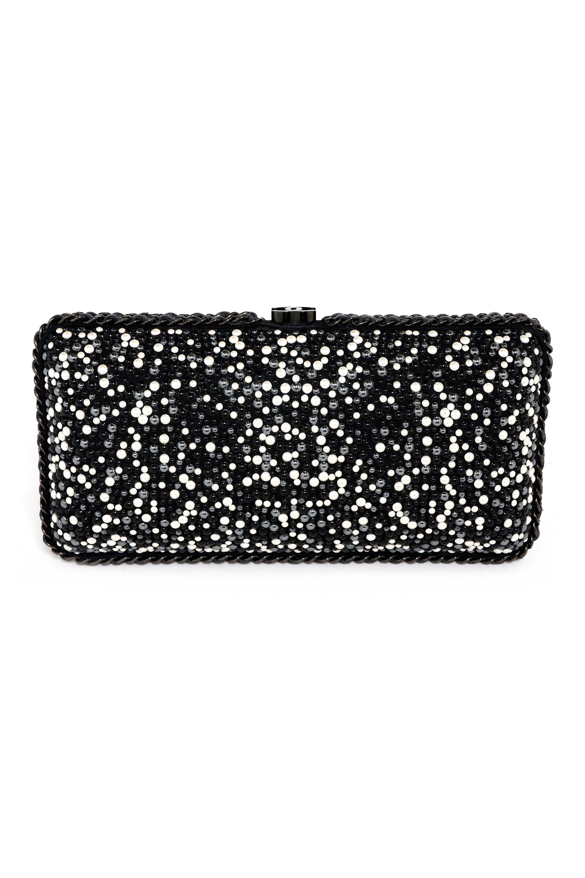 Chanel Black and White Pearl Encrusted Clutch With Black Chain 2014-15