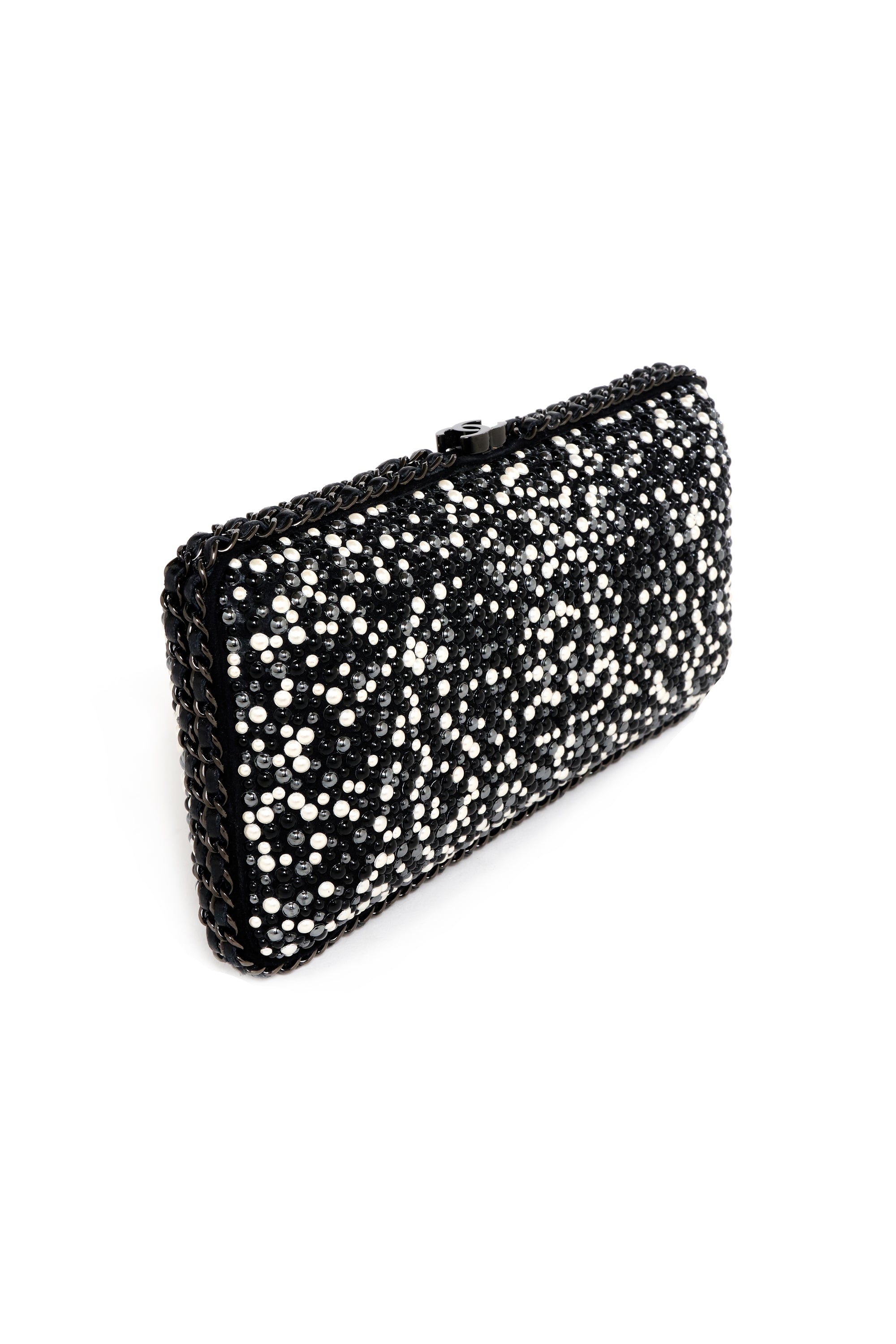 Chanel Black and White Pearl Encrusted Clutch With Black Chain 2014-15