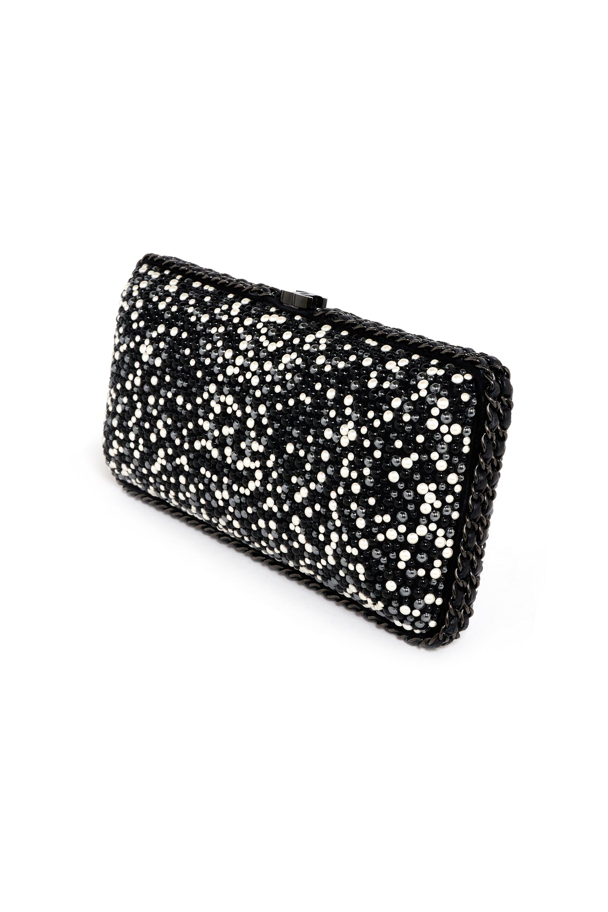 Chanel Black and White Pearl Encrusted Clutch With Black Chain 2014-15