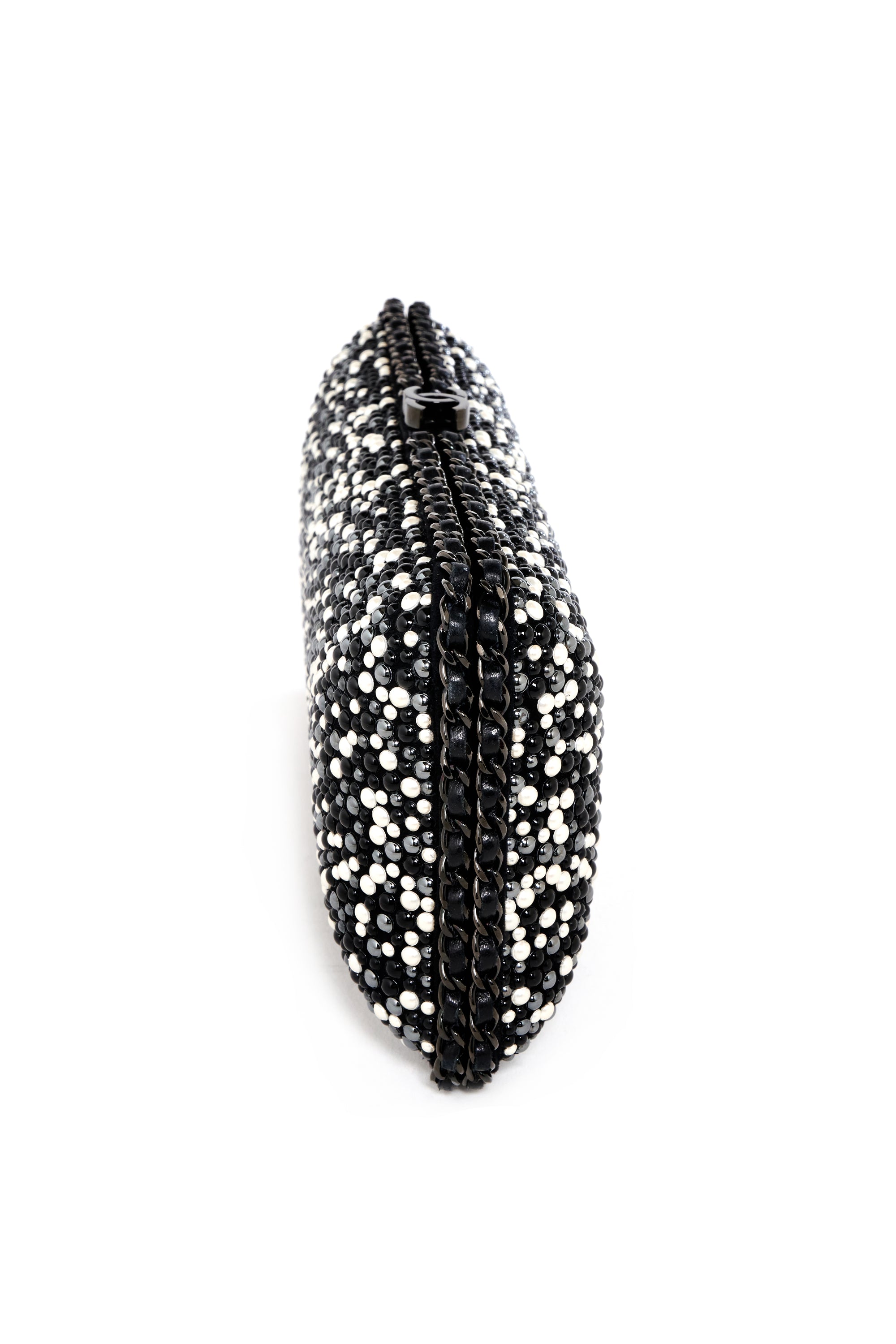 Chanel Black and White Pearl Encrusted Clutch With Black Chain 2014-15