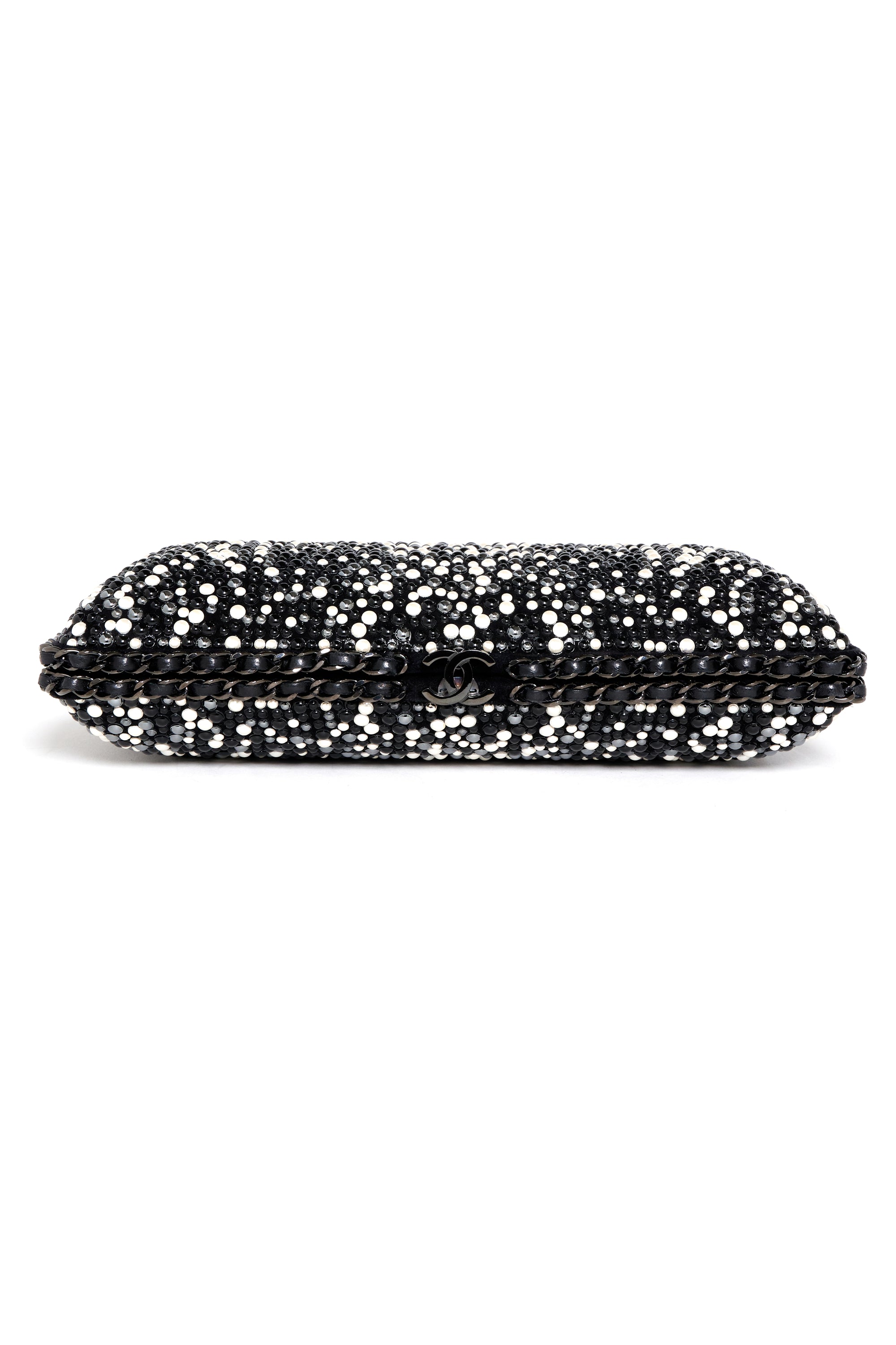 Chanel Black and White Pearl Encrusted Clutch With Black Chain 2014-15