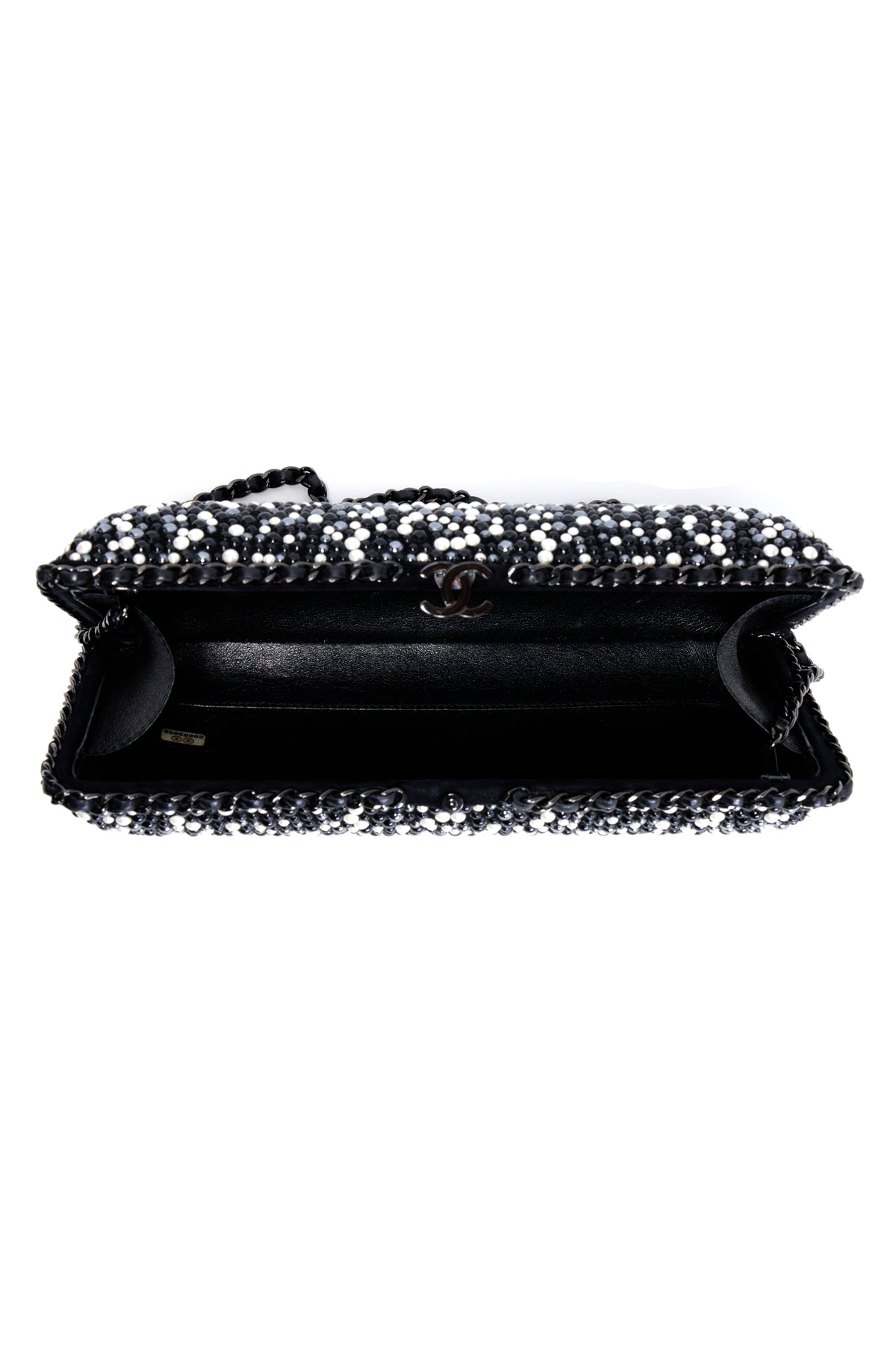 Chanel Black and White Pearl Encrusted Clutch With Black Chain 2014-15