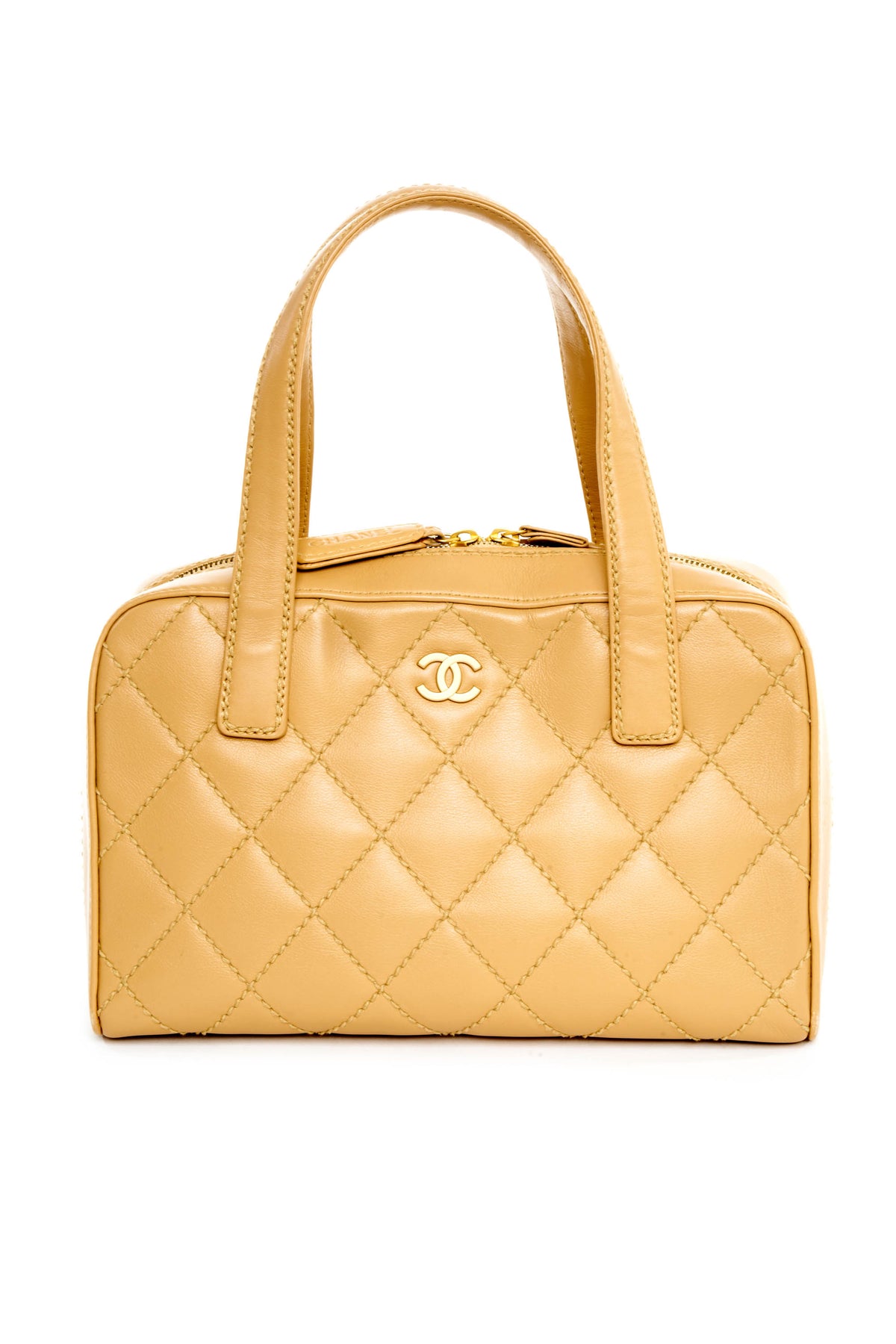 Chanel Beige Quilted Napa Wild Stitch Bowling Bag Purse 2005-6