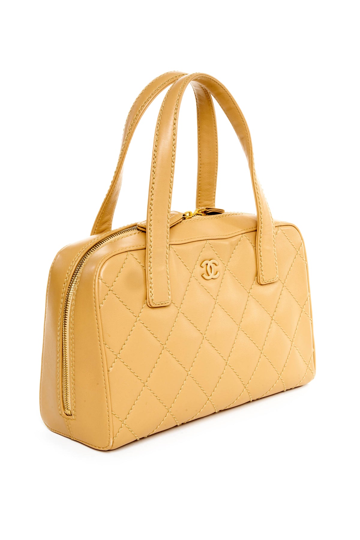 Chanel Beige Quilted Napa Wild Stitch Bowling Bag Purse 2005-6