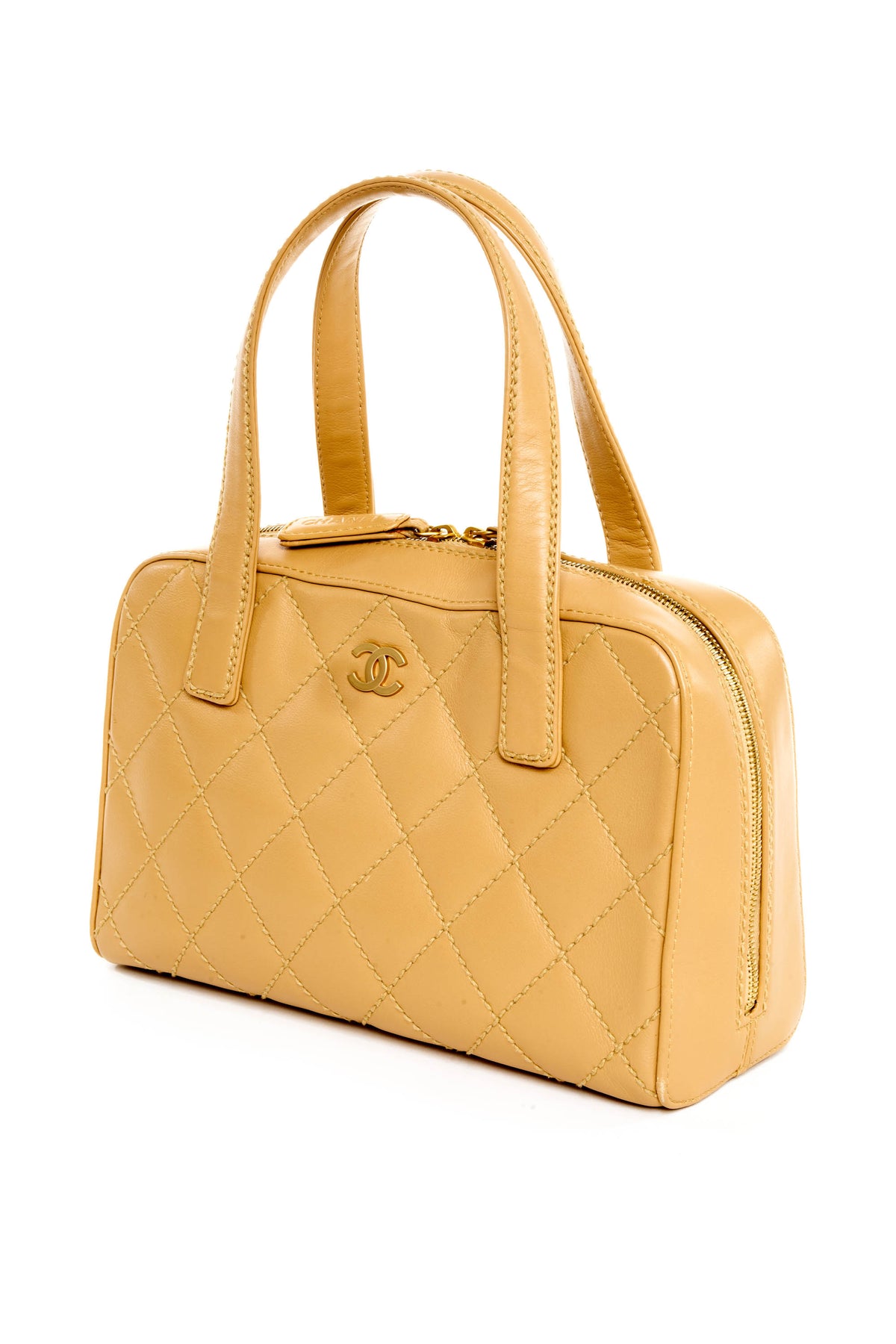 Chanel Beige Quilted Napa Wild Stitch Bowling Bag Purse 2005-6