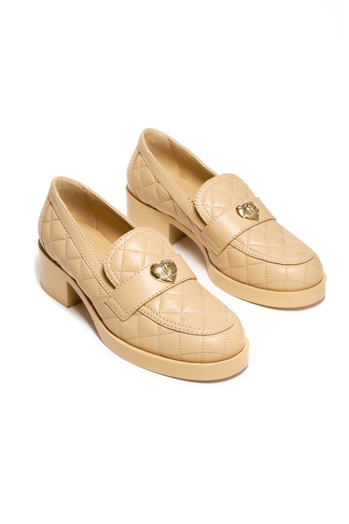 Chanel Nude Quilted Leather Loafers With Gold Heart Charm Size 38.5